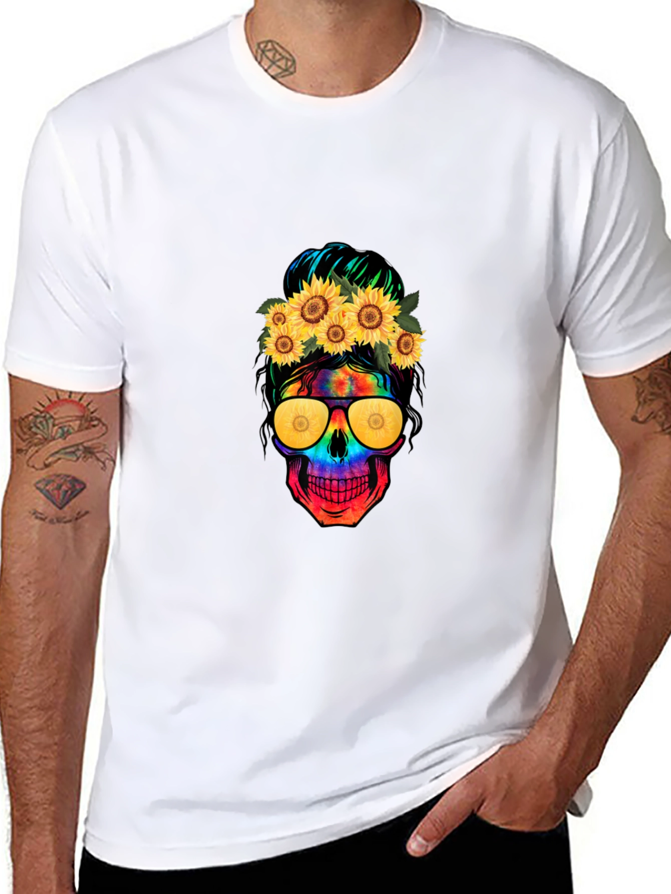 Skull with Sunflowers Graphic Tee - 8