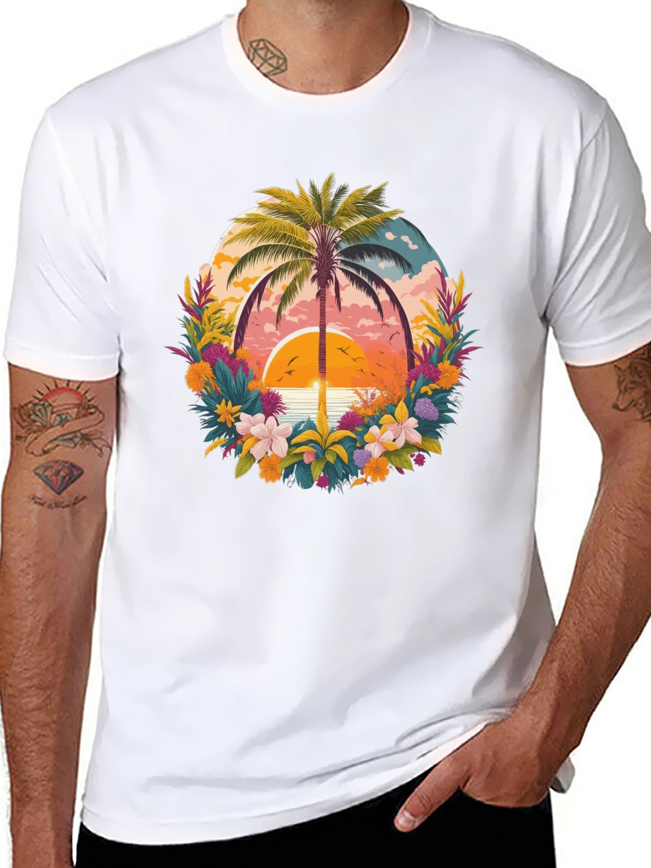 Black Tropical Sunset Palm Tree Graphic T-Shirt view 8