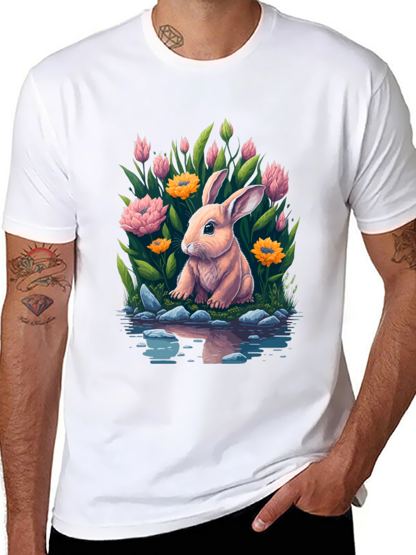 Black Bunny & Blooms Graphic Tee - Men's Black T-Shirt view 8