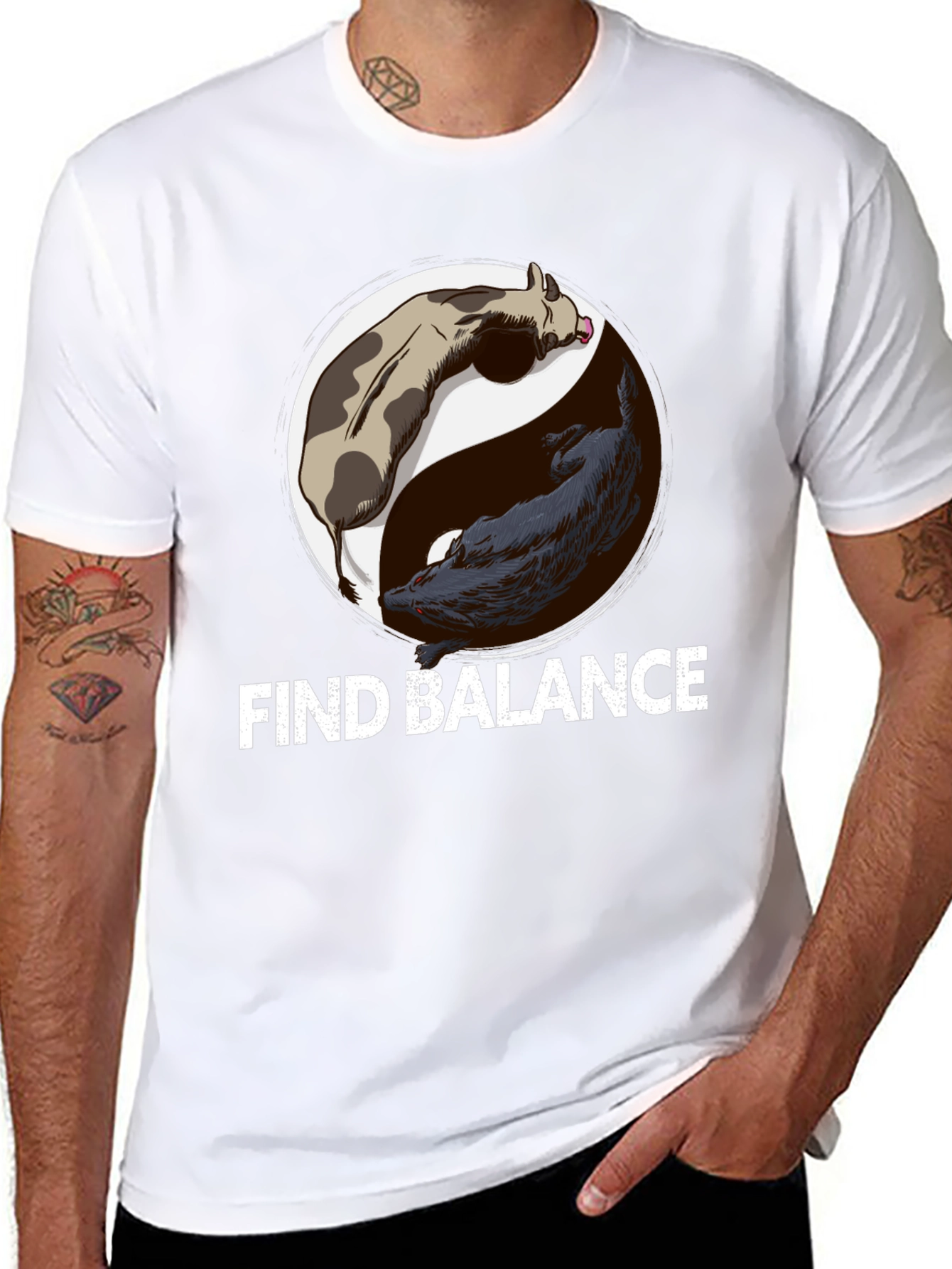 Black Find Balance Yin Yang Cow Wolf Graphic T-Shirt view 8