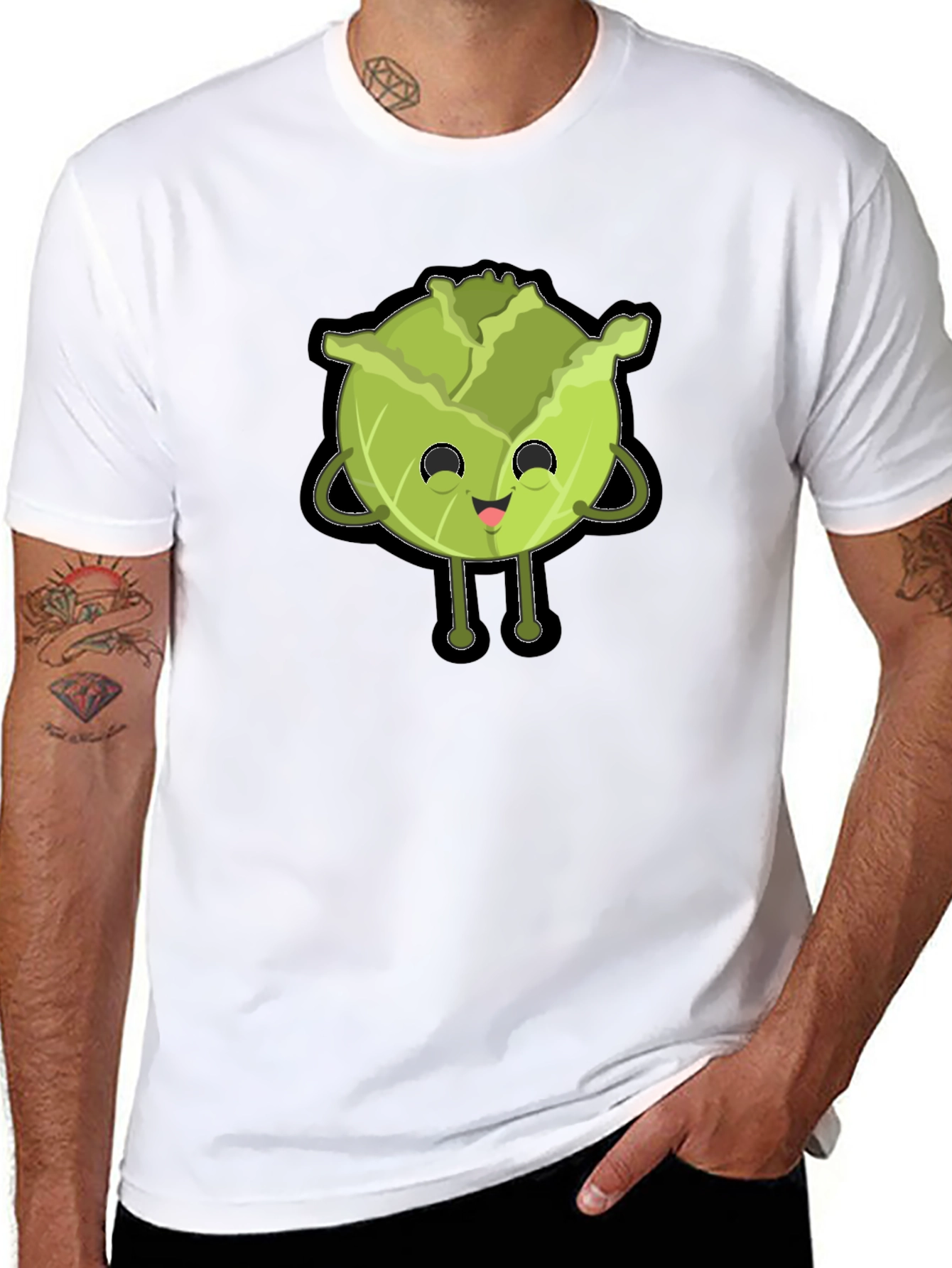 Black Cute Cabbage Character Graphic Tee - Black Cotton T-Shirt view 8