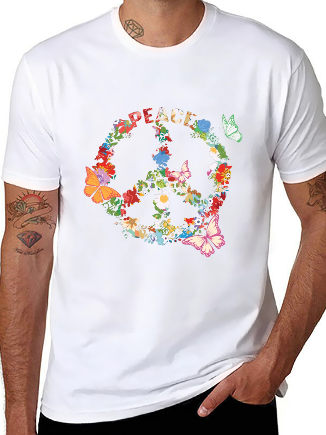 Black Floral Peace Sign T-Shirt - Retro Hippie Style view 8