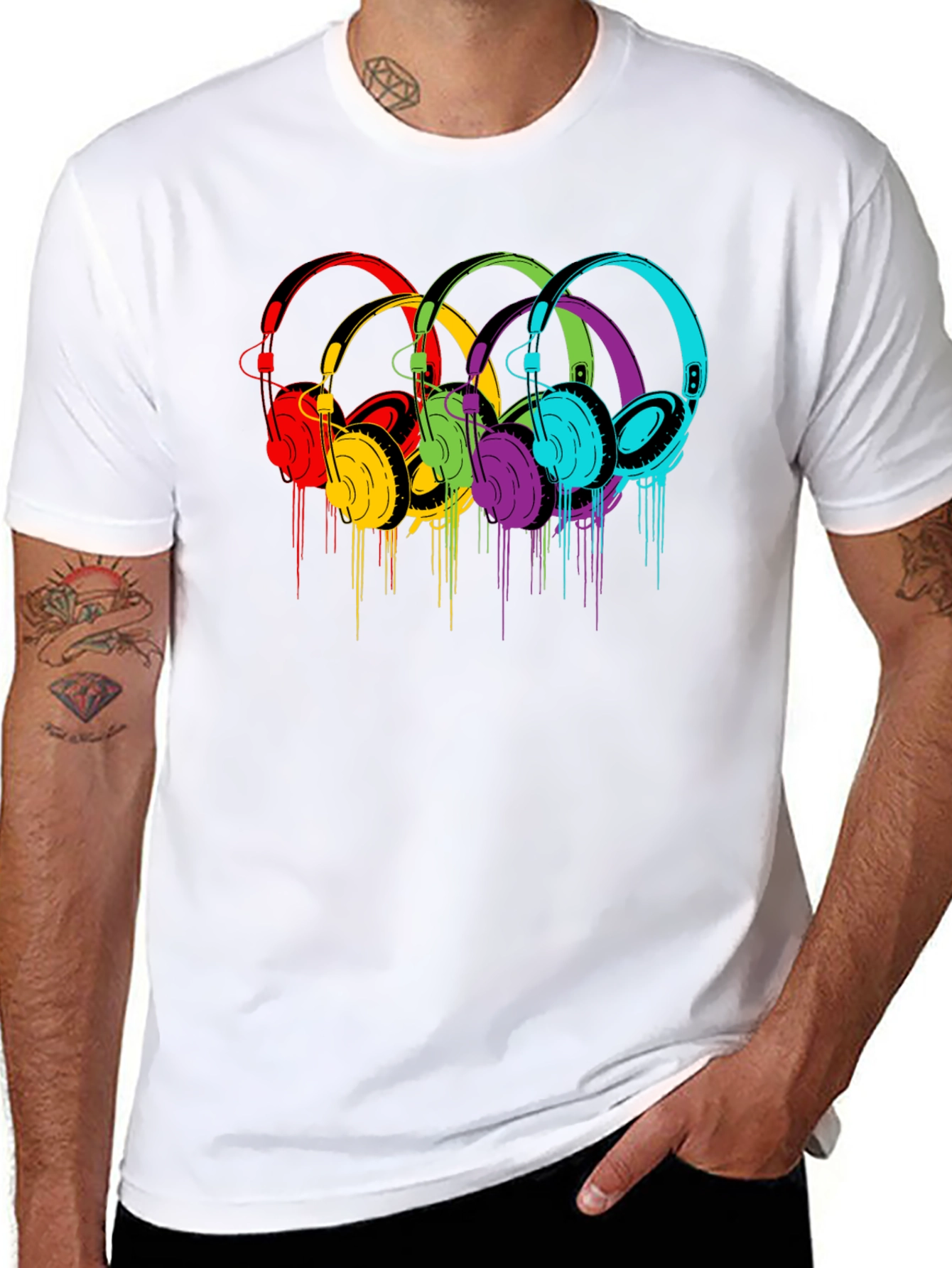 Black Colorful Headphones Graphic Black T-Shirt view 8