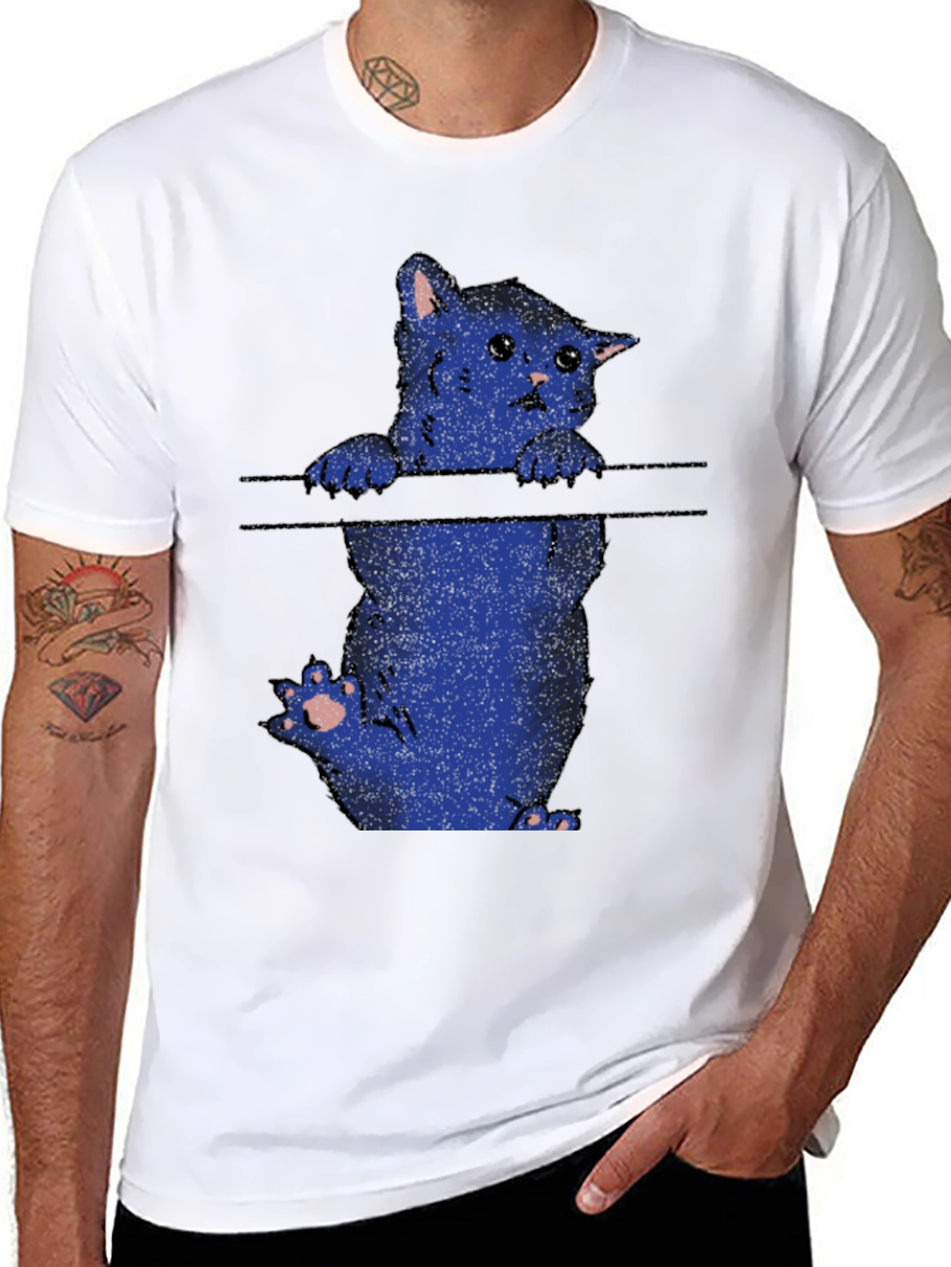 Black Sad Cat T-Shirt - Black Crew Neck Graphic Tee view 8