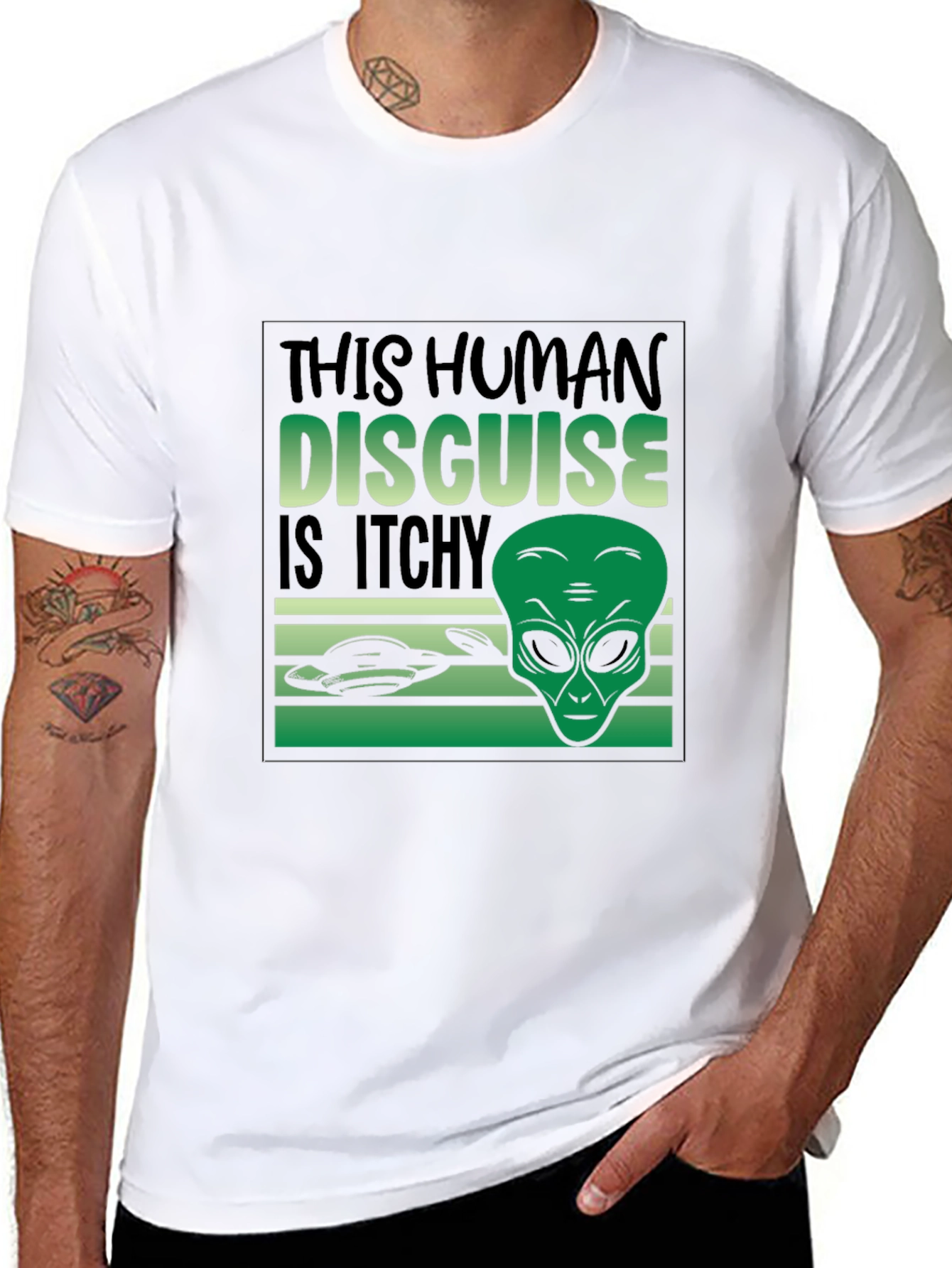 Black Alien Disguise T-Shirt - Funny Sci-Fi Tee view 8