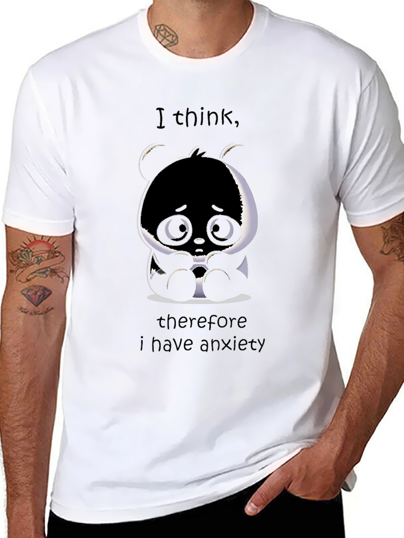 Black Anxious Panda T-Shirt - I Think Therefore I Have Anxiety Tee view 8