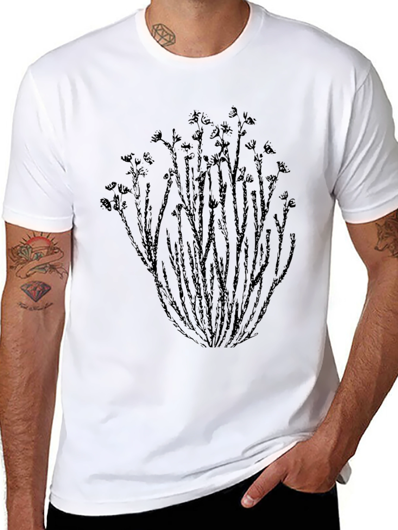 Black Men's Black T-Shirt with Floral Stem Design view 8