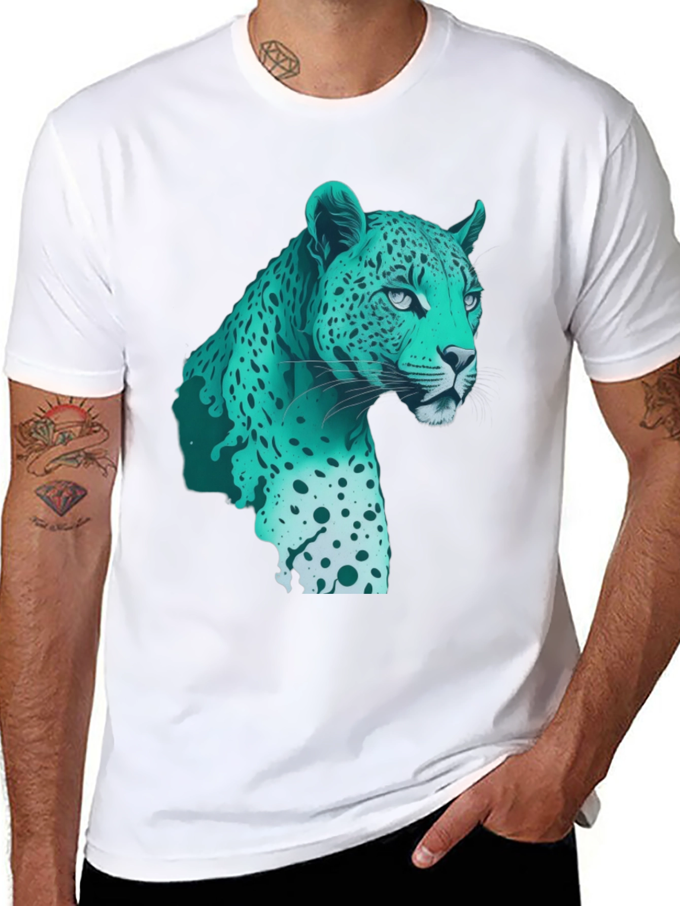 Black Cool Teal Jaguar Graphic Print Black T-Shirt view 8