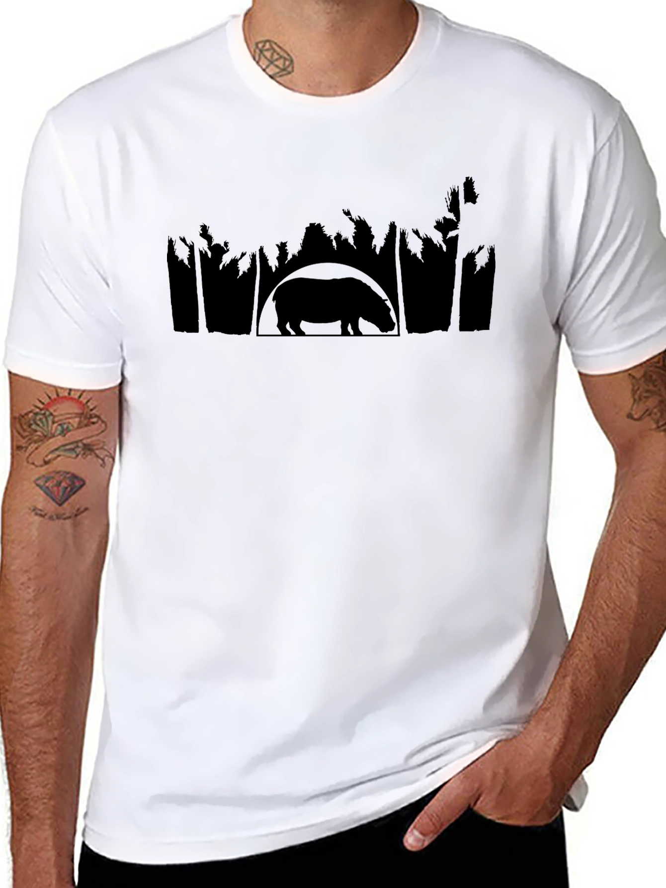 Black Hippo Silhouette Graphic Print Men's T-Shirt view 8