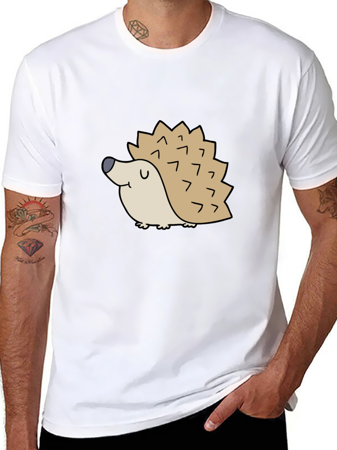 Black Cute Hedgehog Graphic Tee - Black Cotton T-Shirt view 8