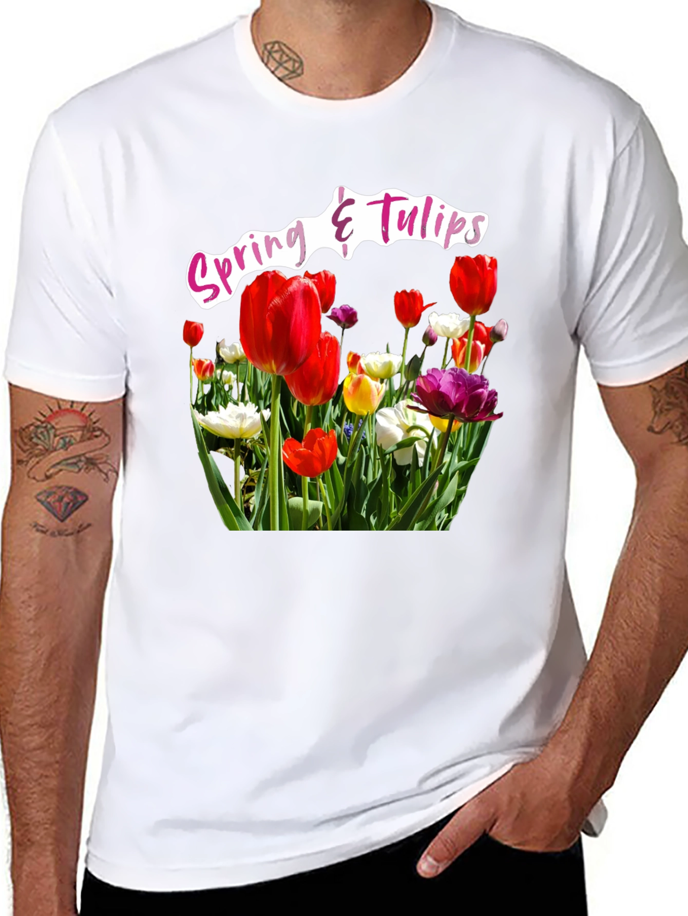 Black Spring & Tulips Black T-Shirt view 8