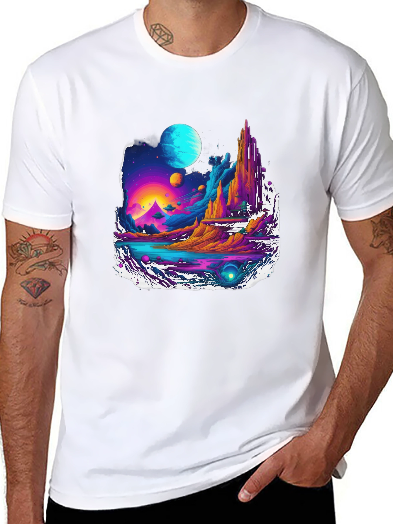 Black Vibrant Sci-Fi Landscape Graphic Tee view 8