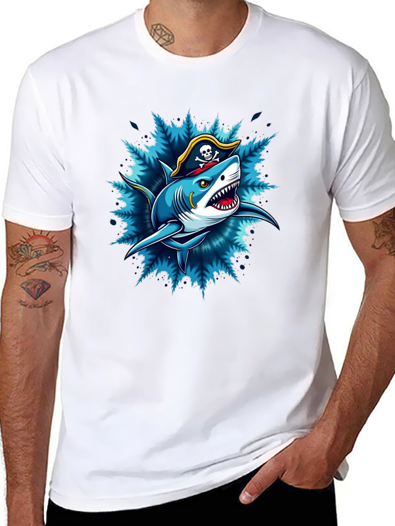 Black Pirate Shark Graphic Tee - Black Cotton T-Shirt view 8