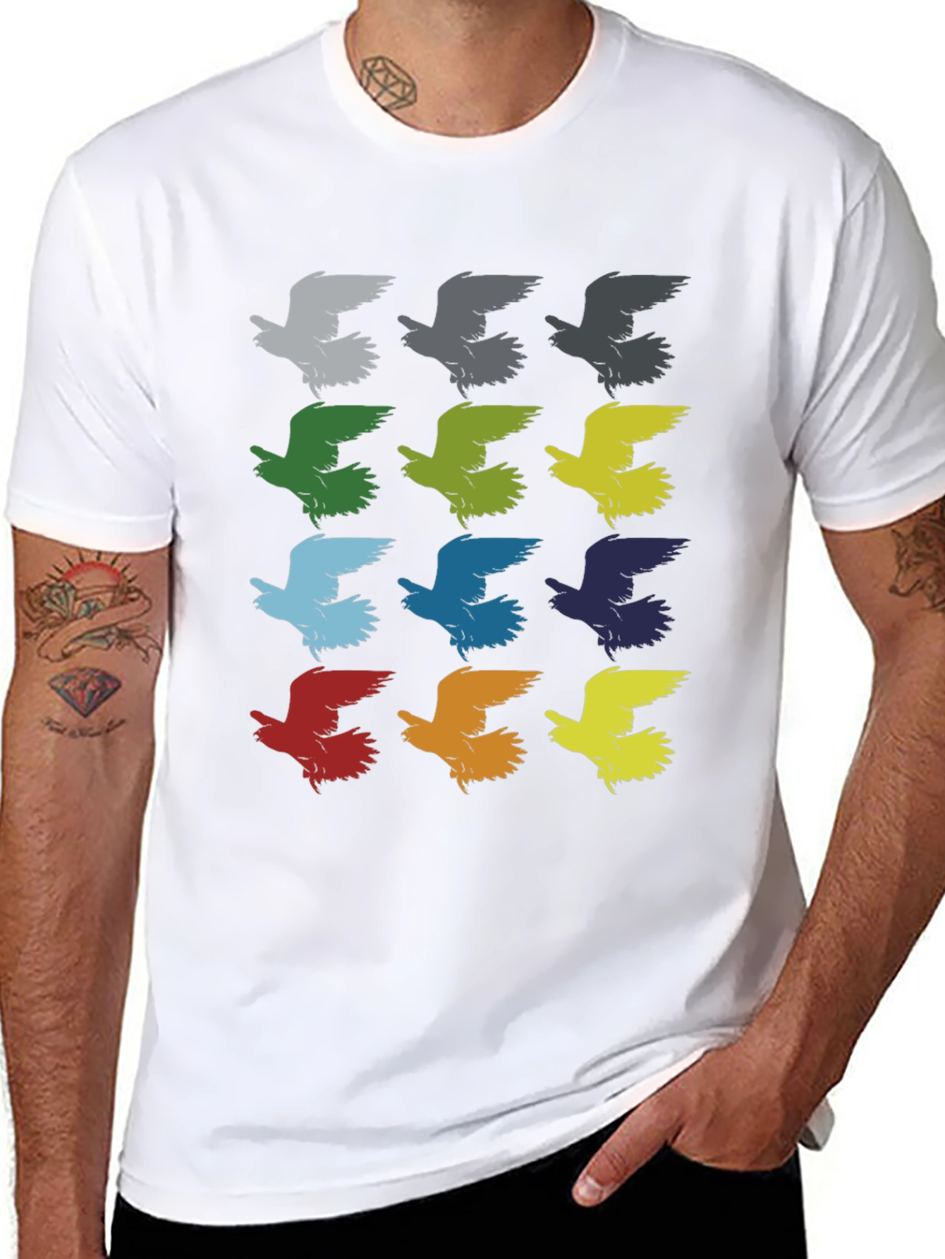 Black Colorful Bird Pattern Graphic T-Shirt view 8