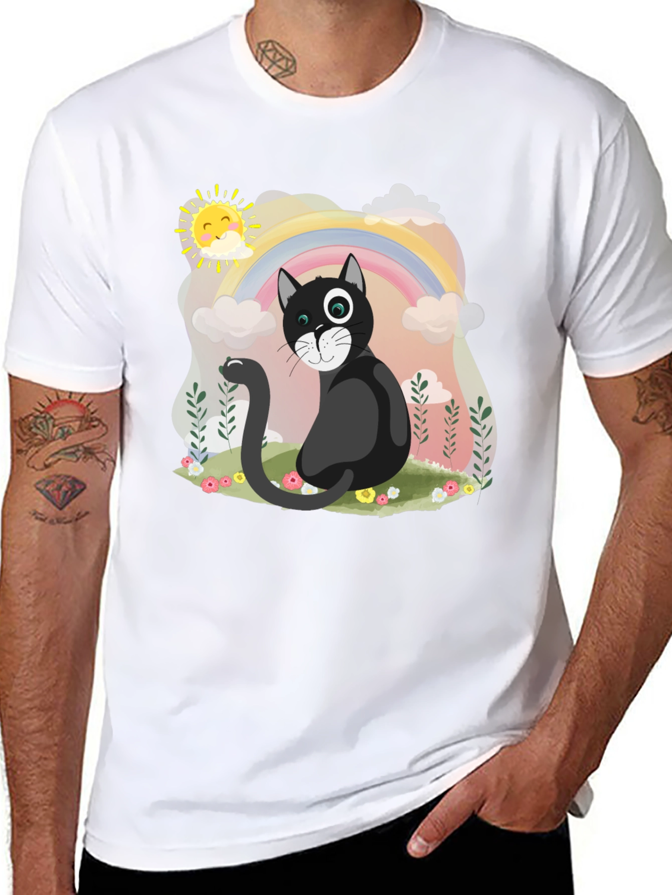 Black Whimsical Cat Rainbow T-Shirt view 8