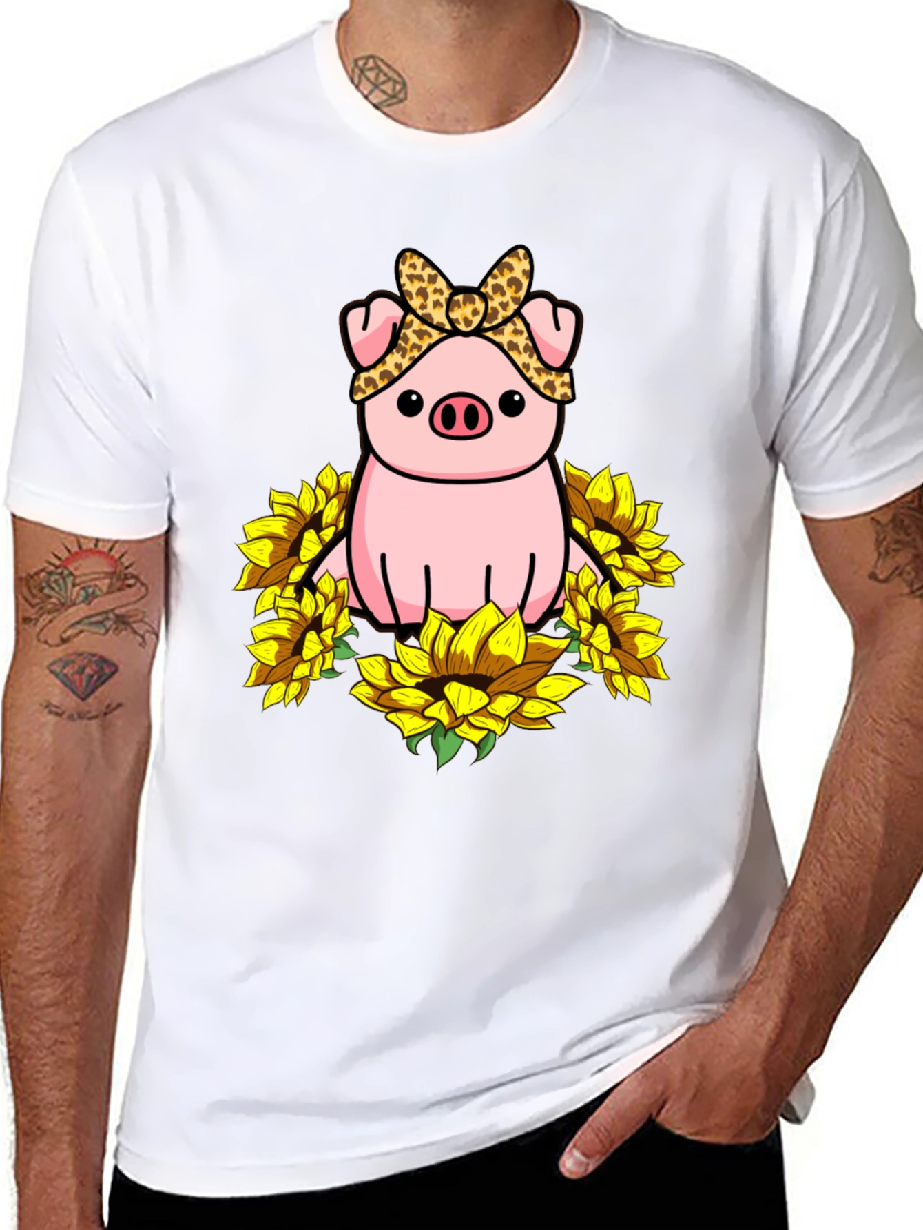 Black Cute Pig Sunflower Graphic T-Shirt view 8