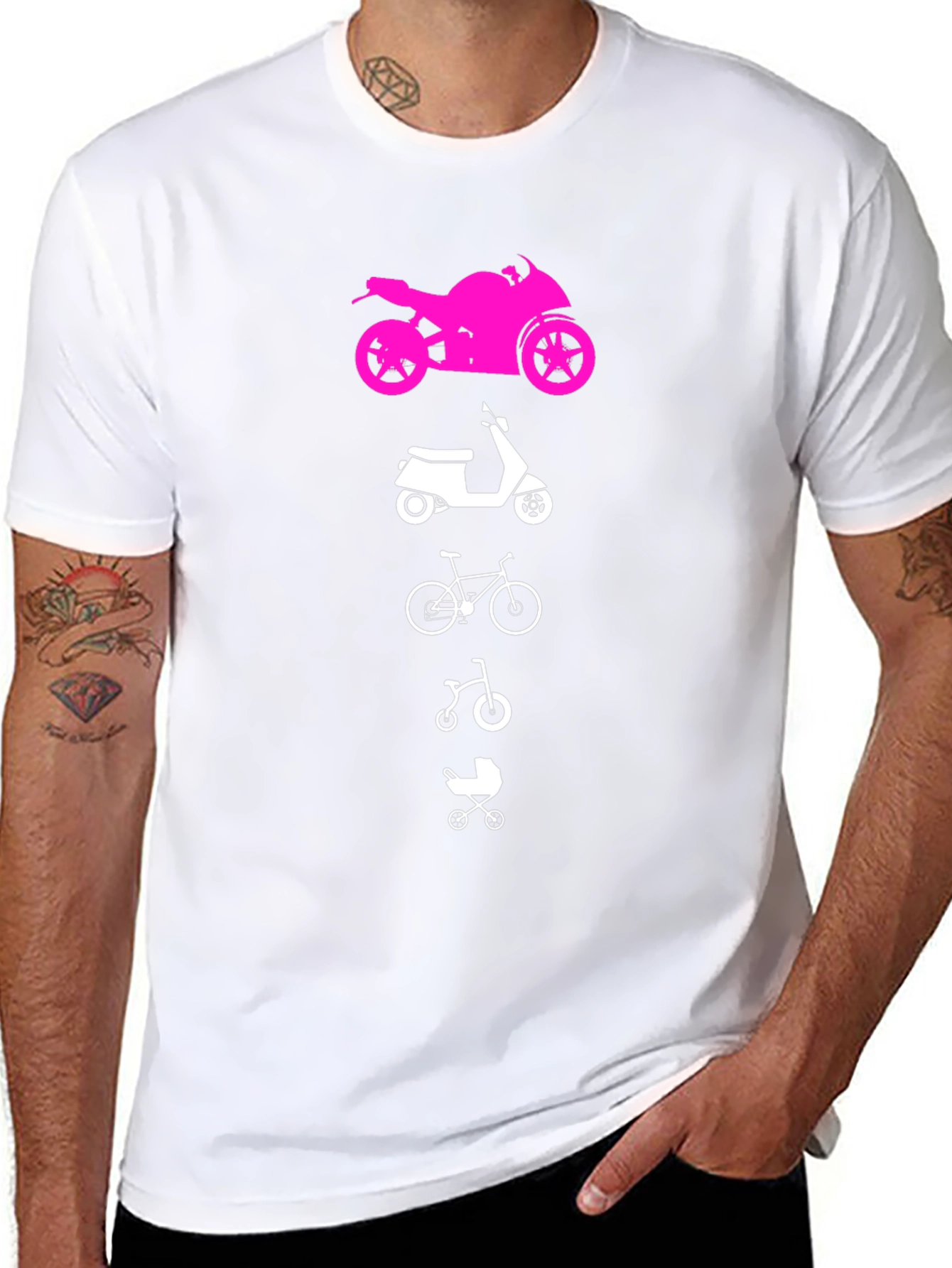 Black Evolution of Man Tee: Motorcycle, Scooter, Bike, Baby Carriage view 8