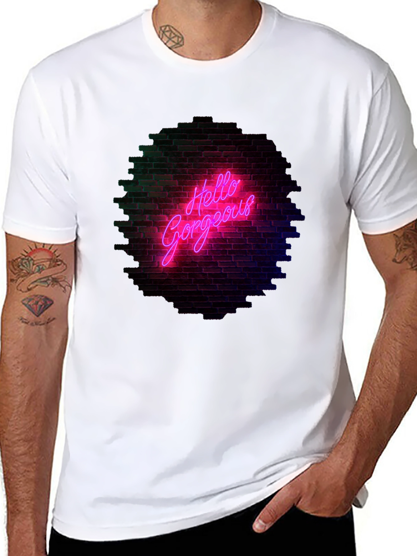 Black Hello Gorgeous Graphic Tee - Neon Brick Wall Design view 8