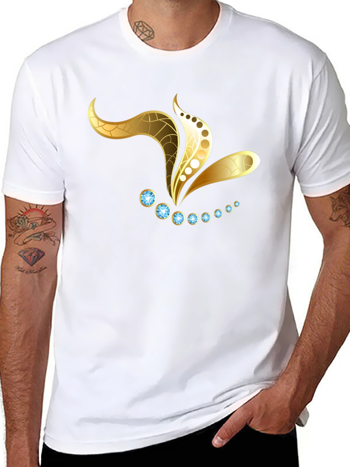 Black T-Shirt with Gold Jewel Design - 8