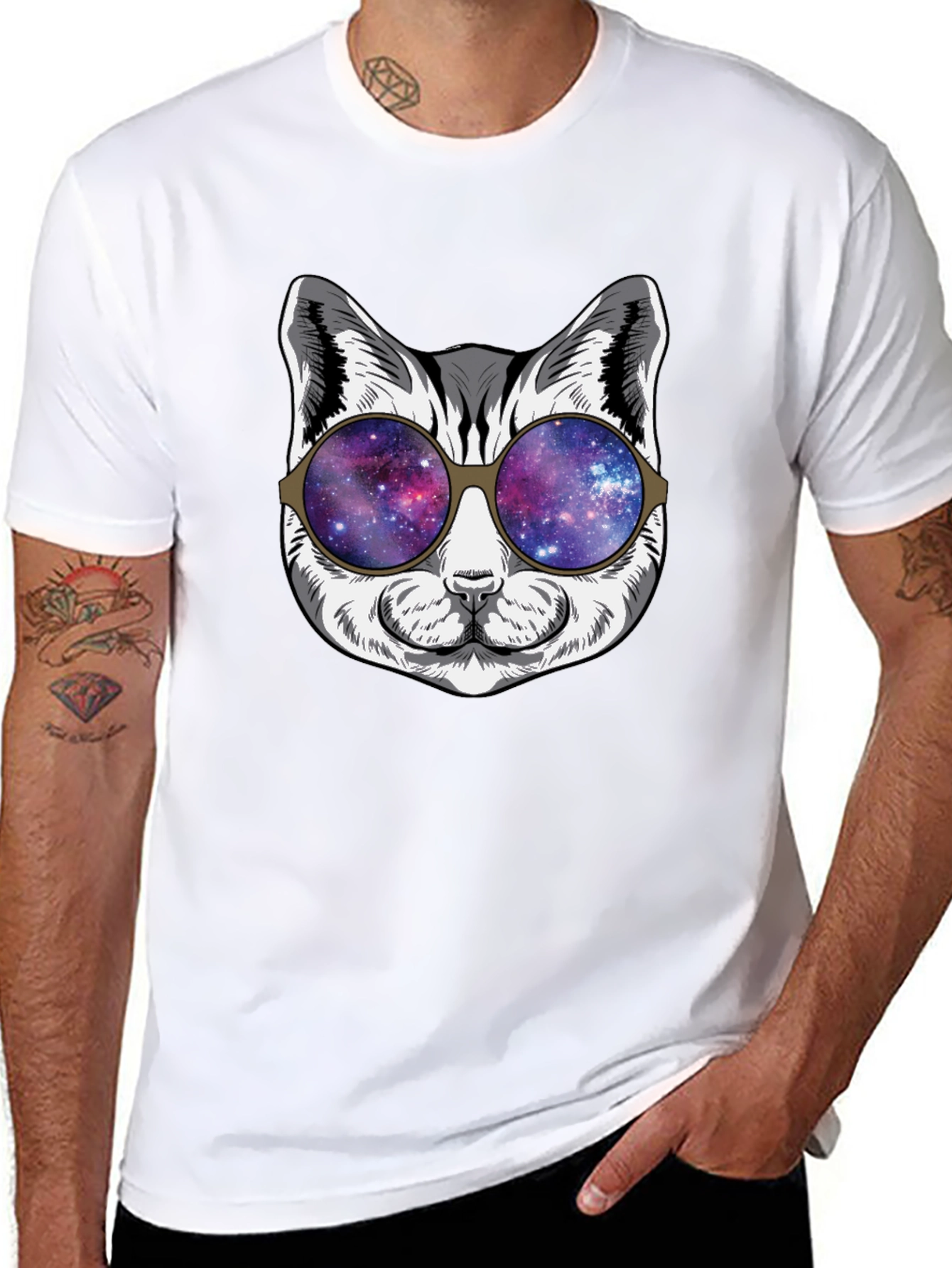 Black Cool Cat Galaxy Sunglasses Black T-Shirt view 8