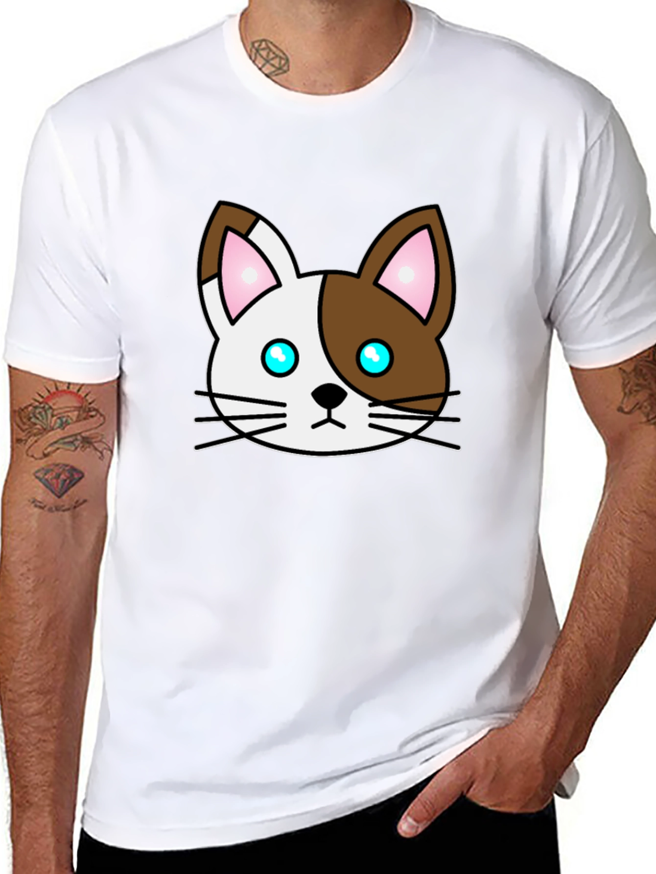 Cartoon Cat Face Graphic T-Shirt - Unisex Black Tee - 8
