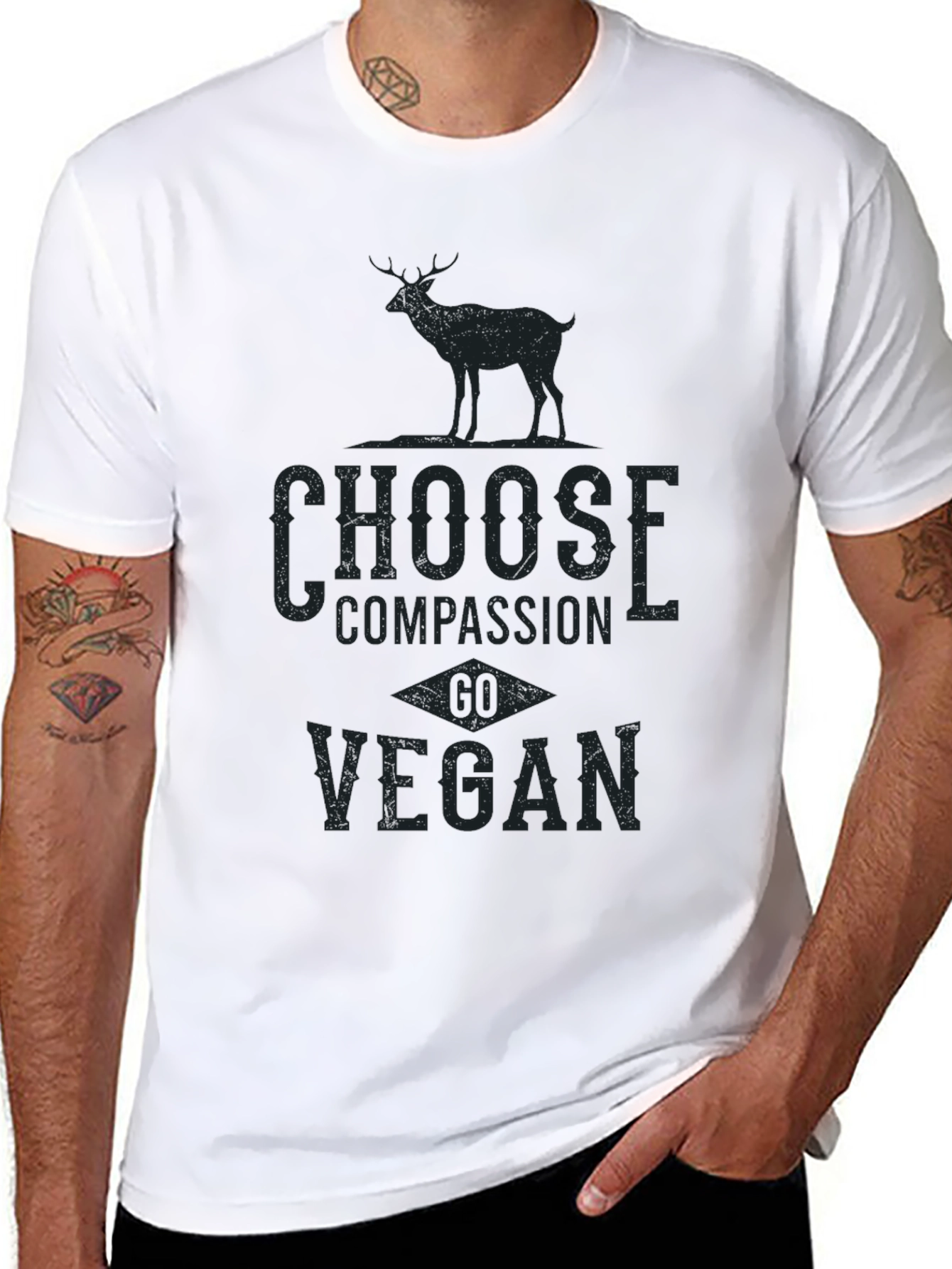 Black Vegan Compassion Tee - Deer Graphic Print T-Shirt view 8