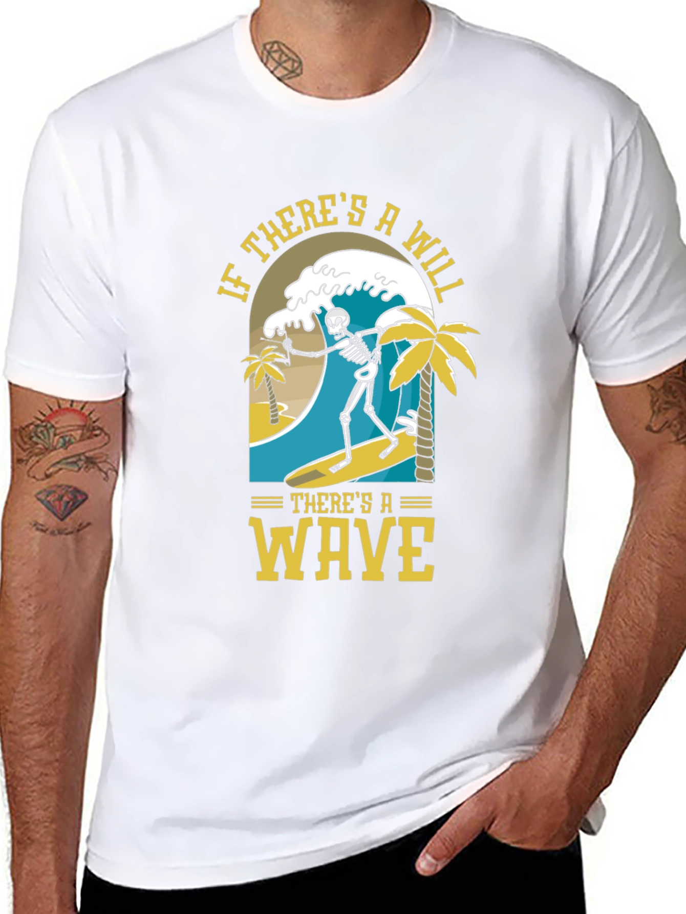 Black Surfing Skeleton Graphic Tee - "If There's A Will, There's A Wave" view 8