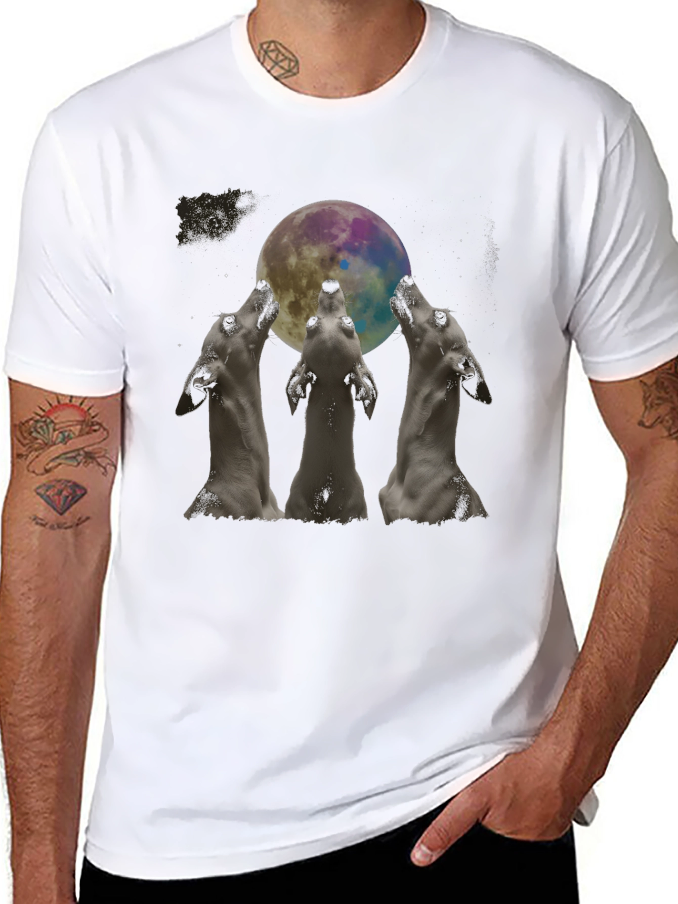 Wolf Howling at Moon Graphic Black T-Shirt - 8