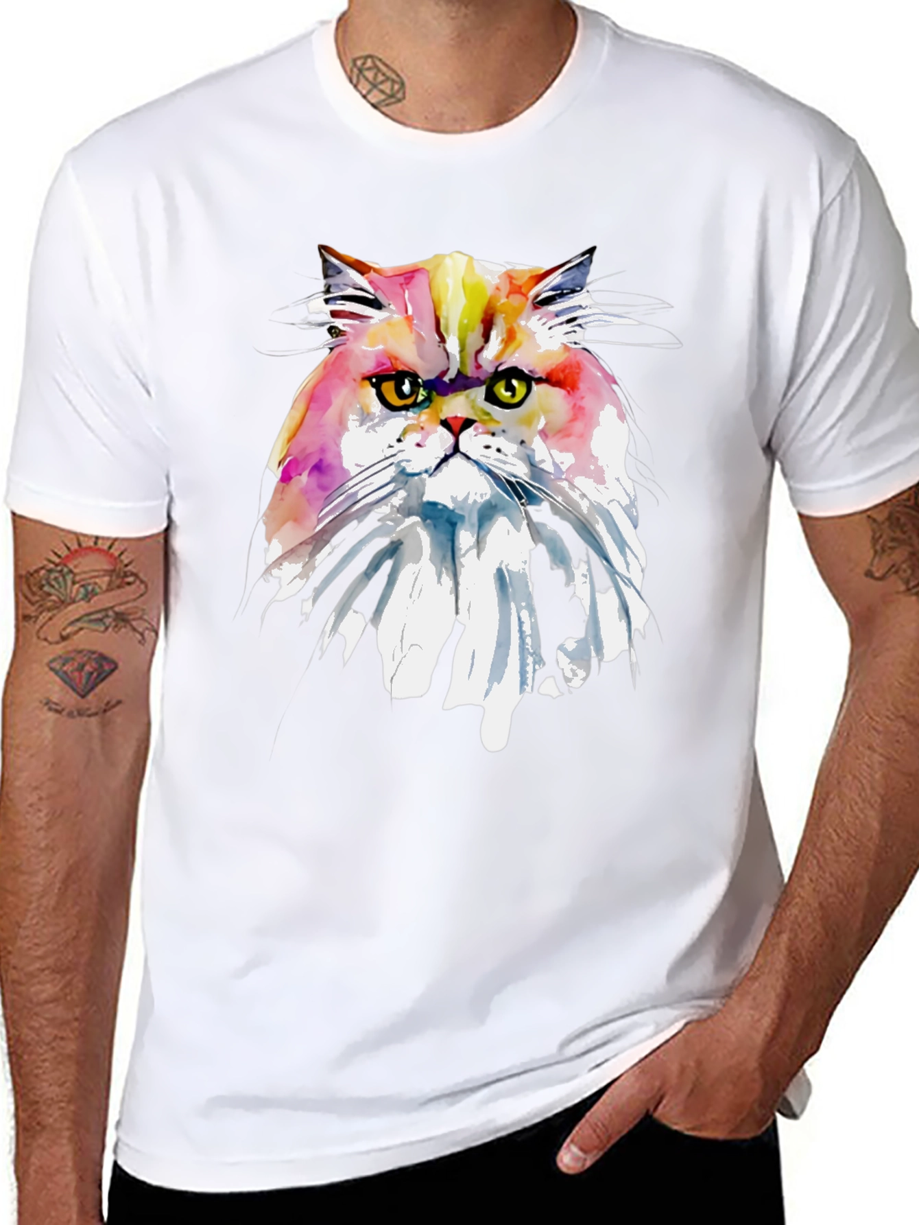 Black Watercolor Cat Graphic Tee - Unique Art T-Shirt view 8