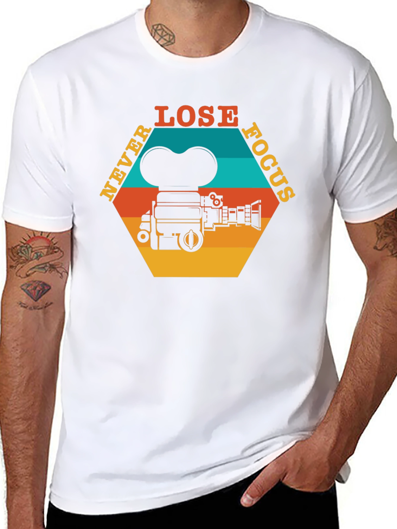 Black Never Lose Focus T-Shirt - Retro Camera Design view 8