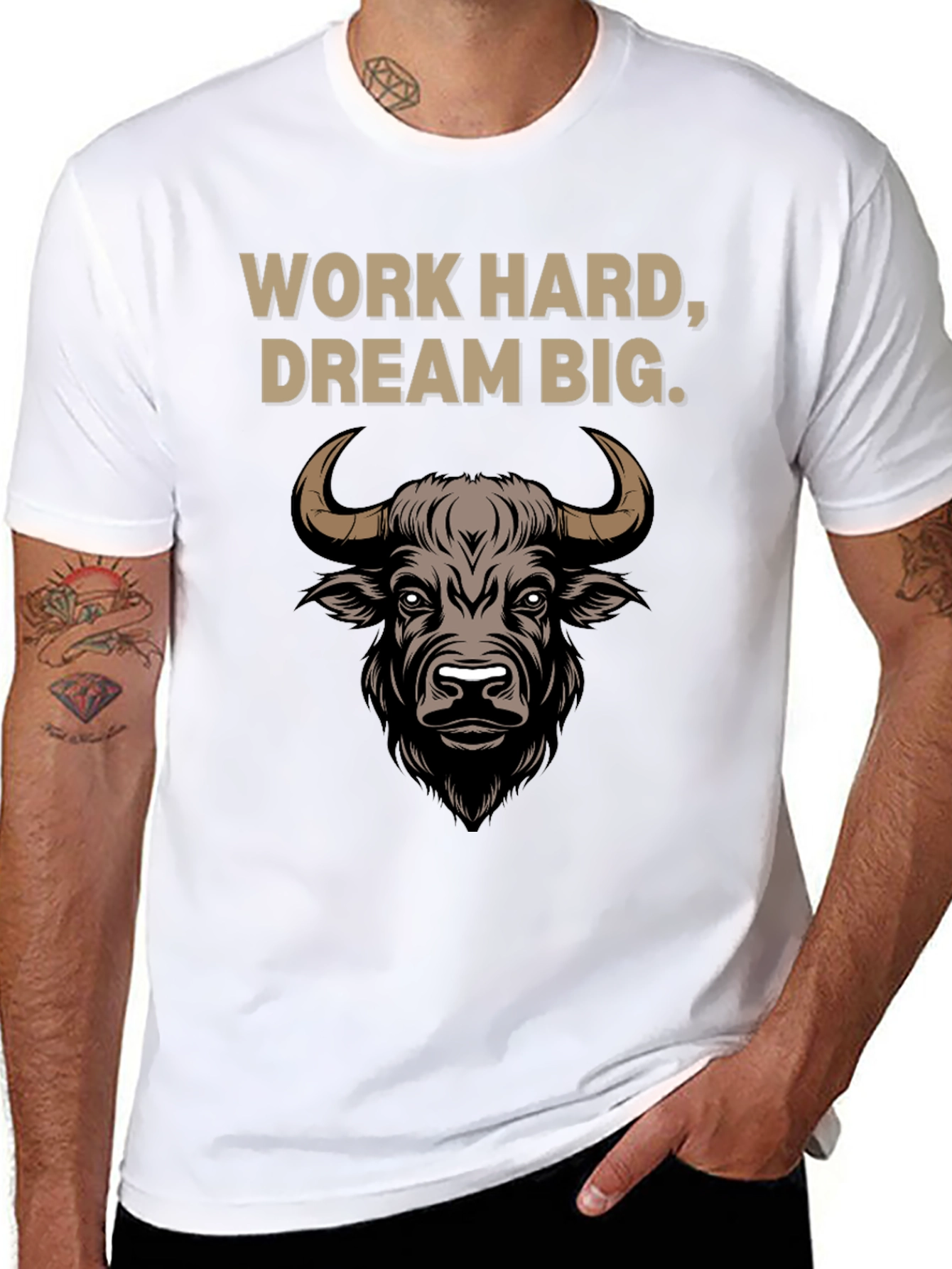 Black Work Hard Dream Big Bull Graphic Tee view 8