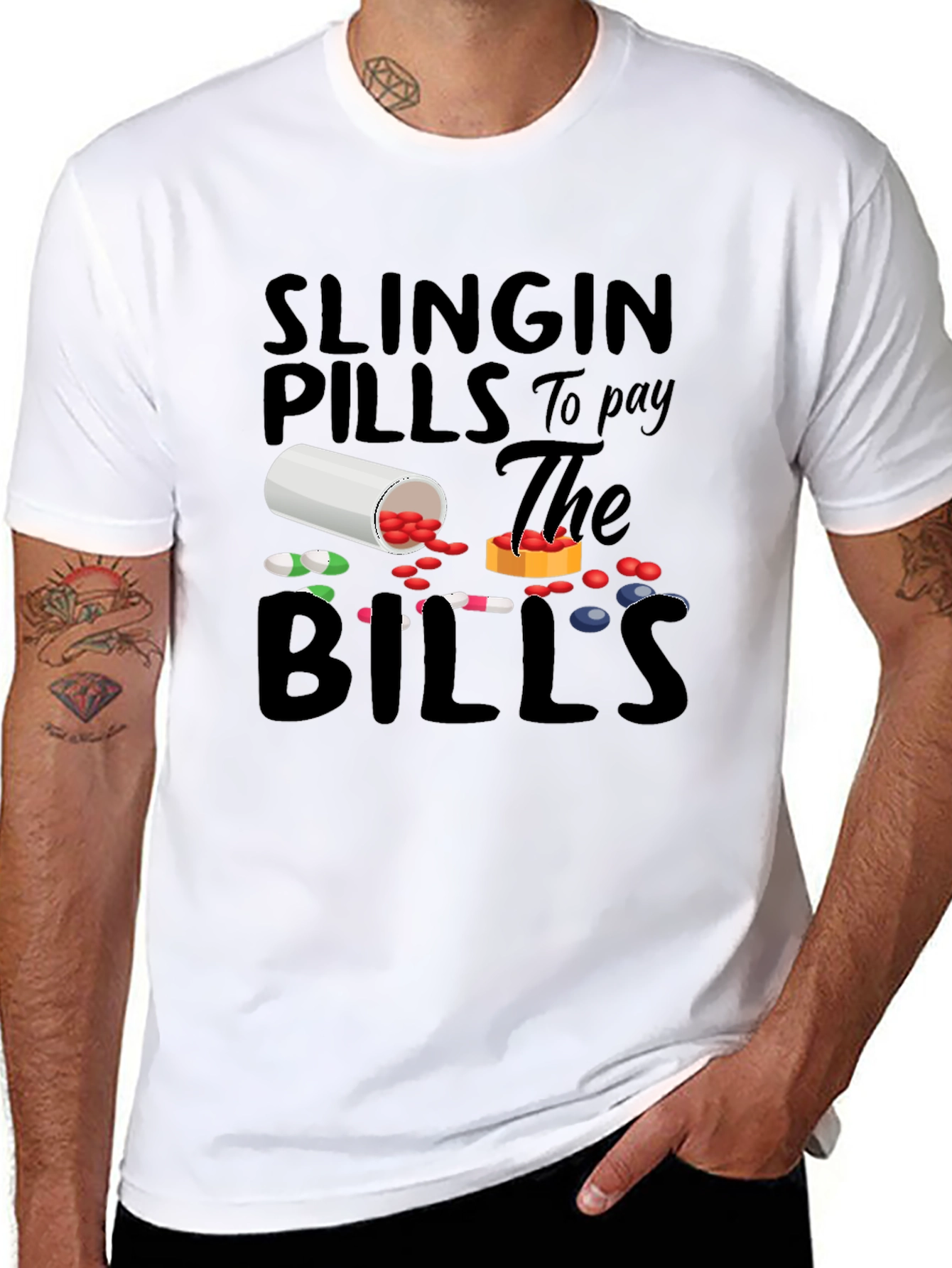 Black Slingin' Pills Graphic Tee - Funny Pharmacy T-Shirt view 8