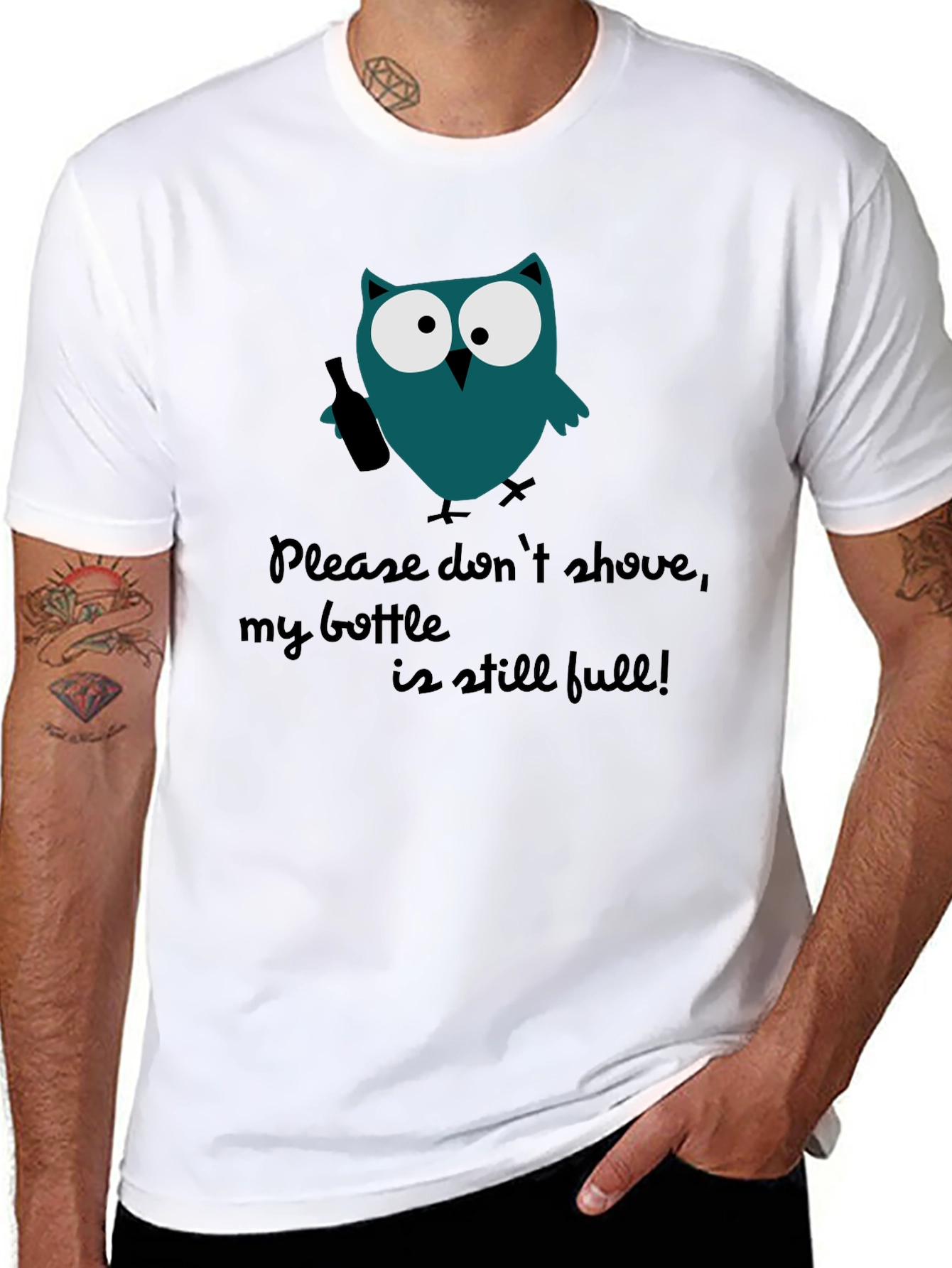 Black Funny Owl Bottle Graphic Men's T-Shirt view 8
