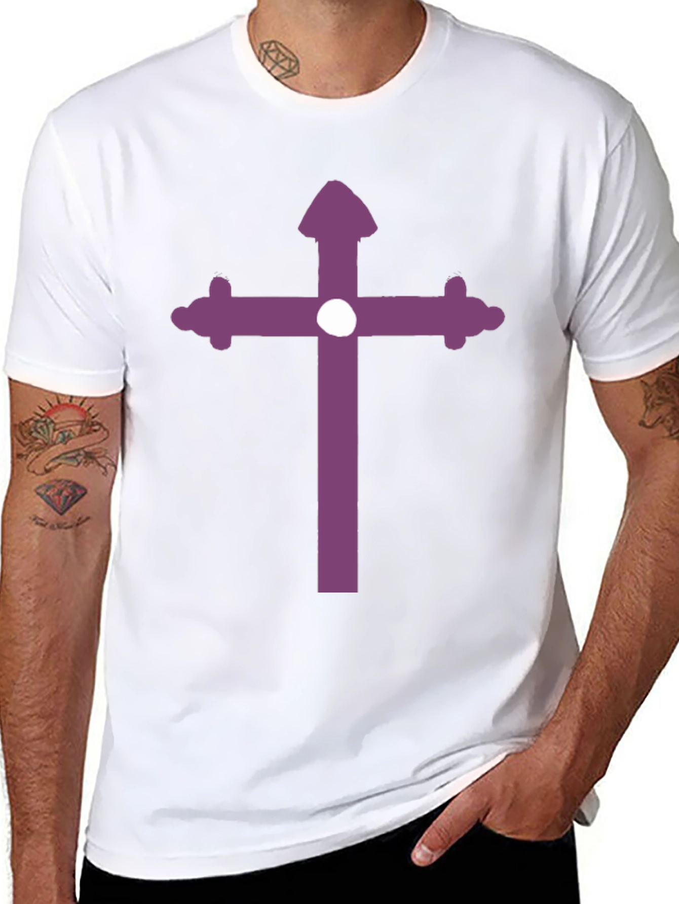 Black Black T-Shirt with Purple Cross Design view 8