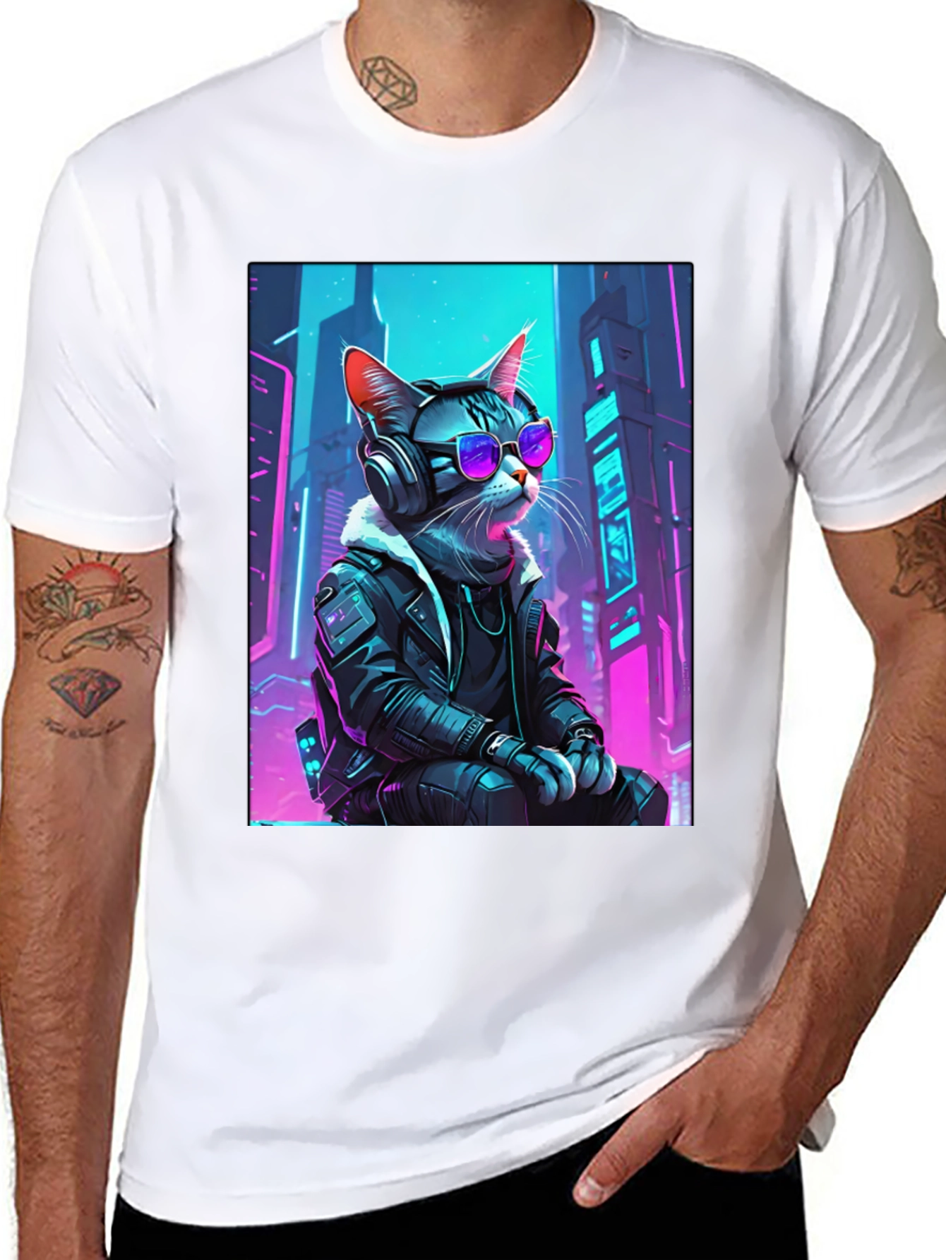 Black Cyberpunk Cat T-Shirt - Cool Neon Design view 8