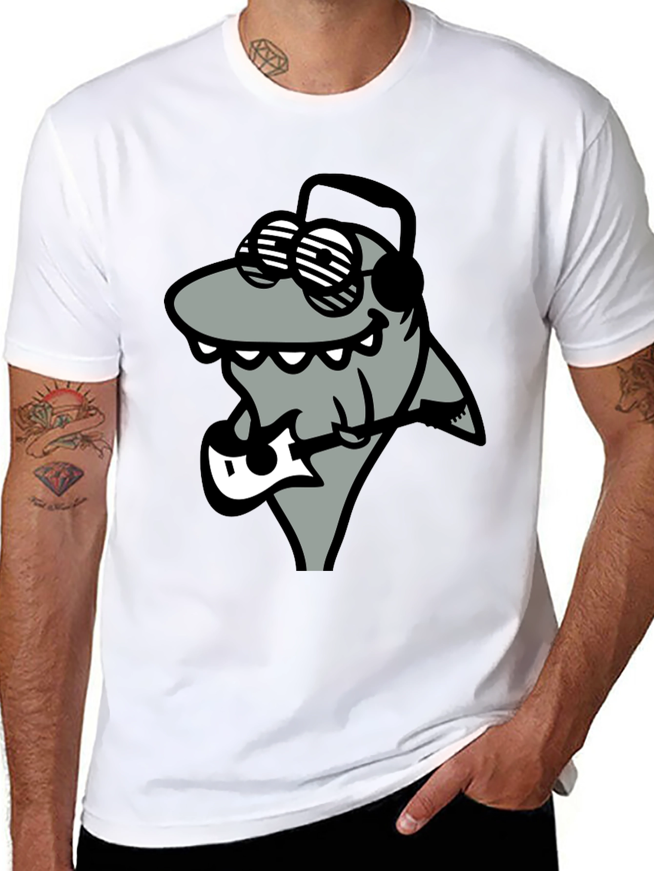 Black Cool Shark Guitarist Graphic Tee view 8