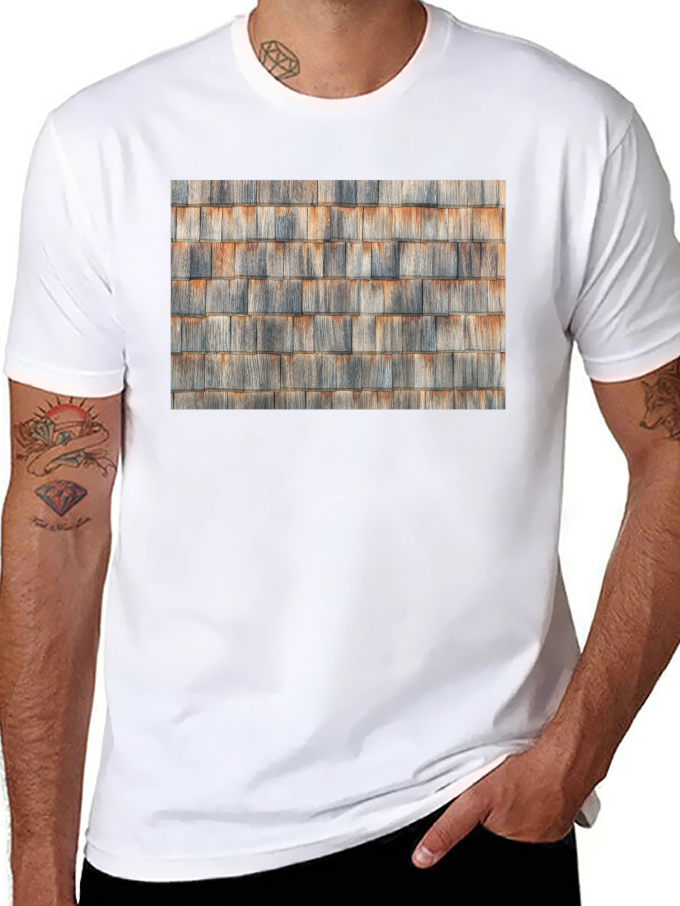 Black Rustic Cedar Shingle Pattern Black T-Shirt view 8