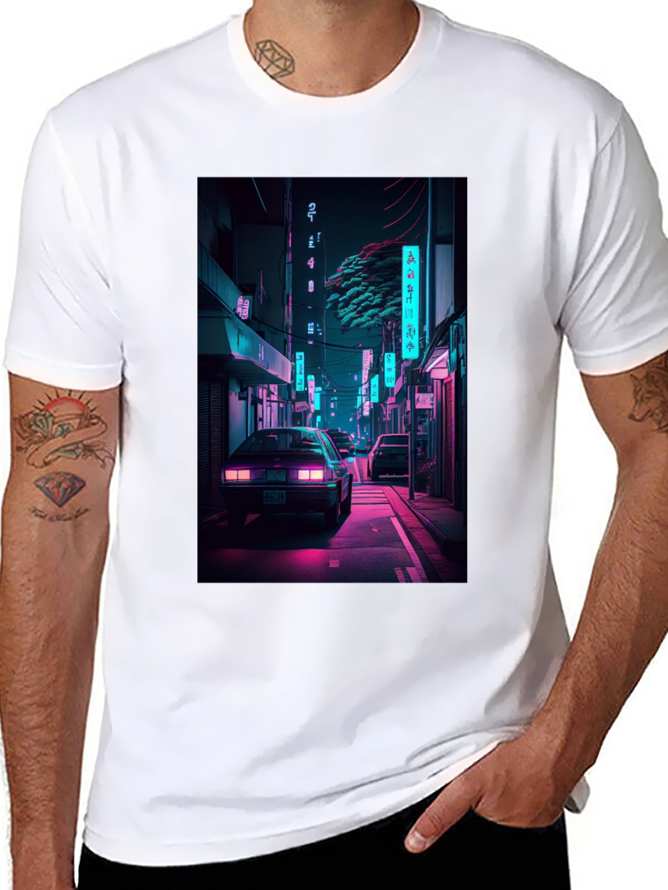 Black Retro Neon City Car Graphic T-Shirt view 8