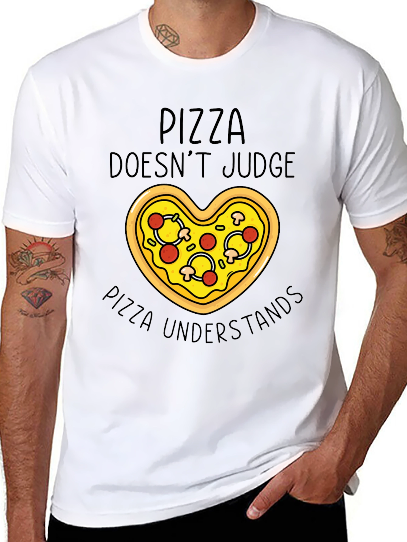 Black Pizza Lover's Tee: Pizza Doesn't Judge T-Shirt view 8