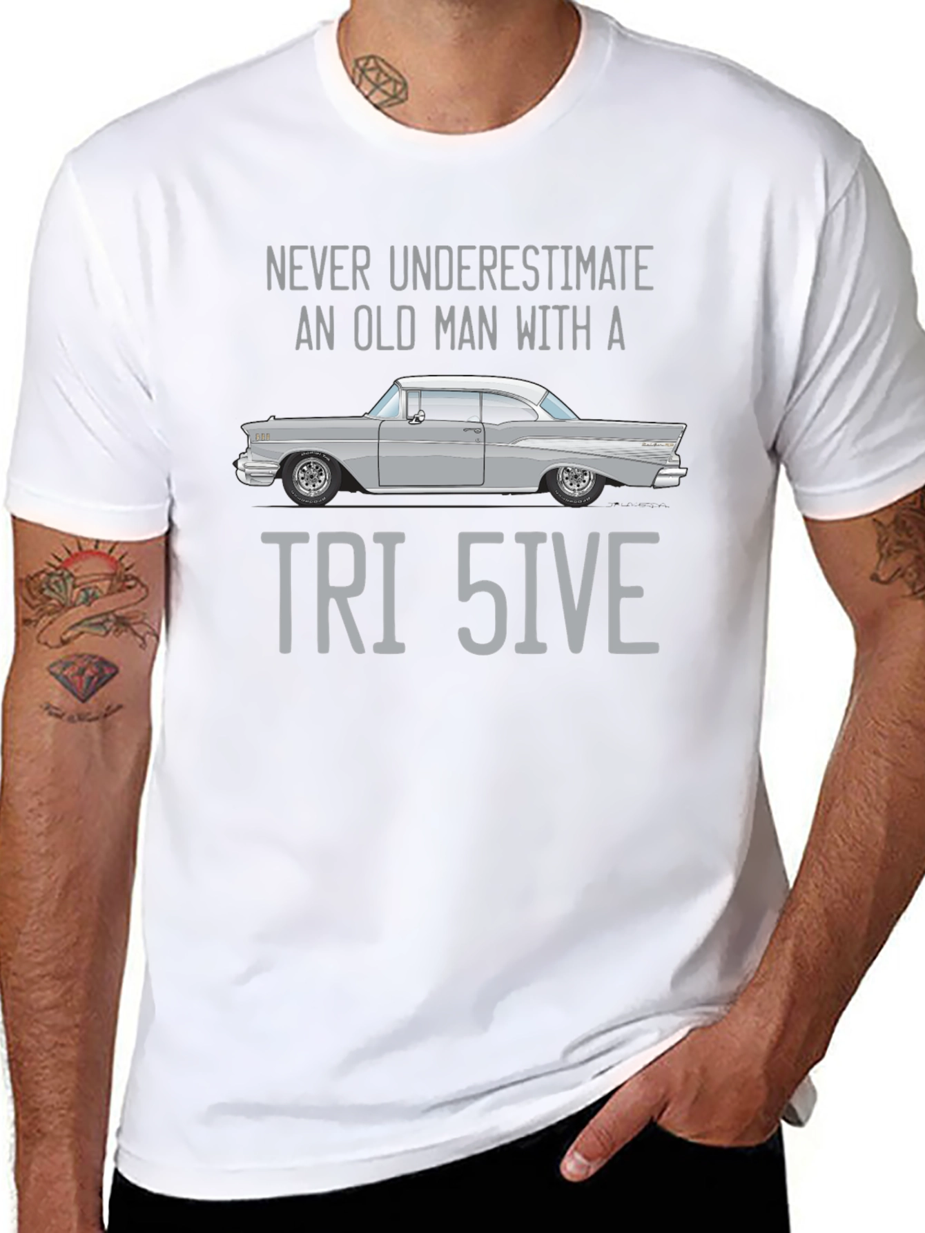 Black Tri Five Car T-Shirt - Never Underestimate Old Man Classic view 8