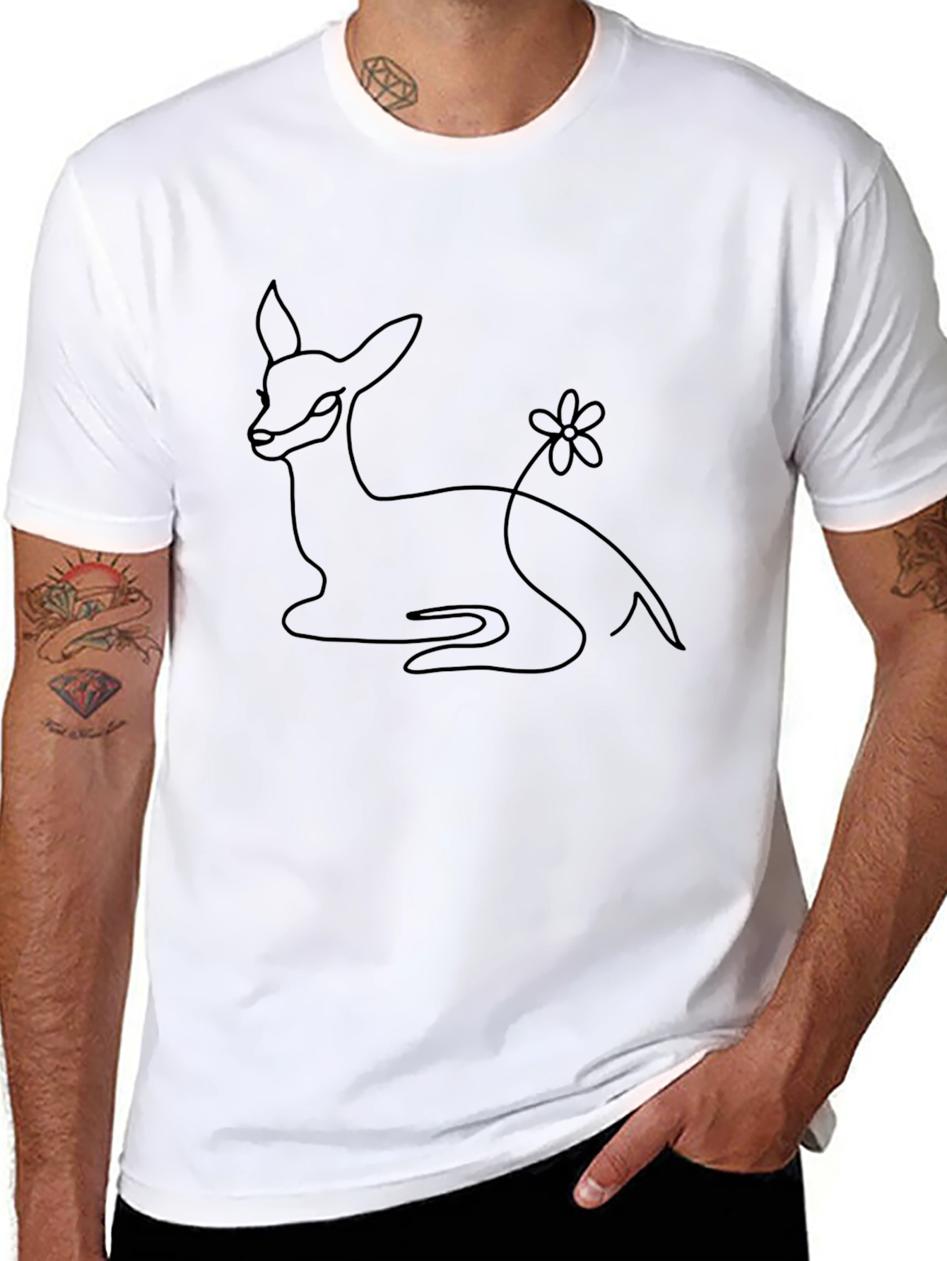 Black Minimalist Deer & Flower Graphic Tee - Unisex Black Shirt view 8