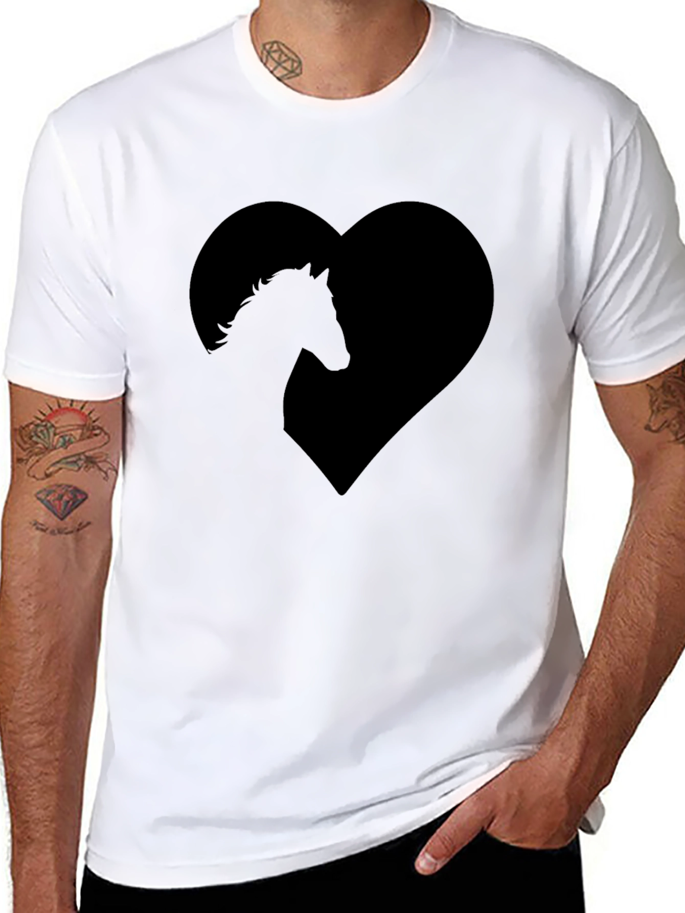 Black Horse Lover's Black T-Shirt - Heart Design view 8