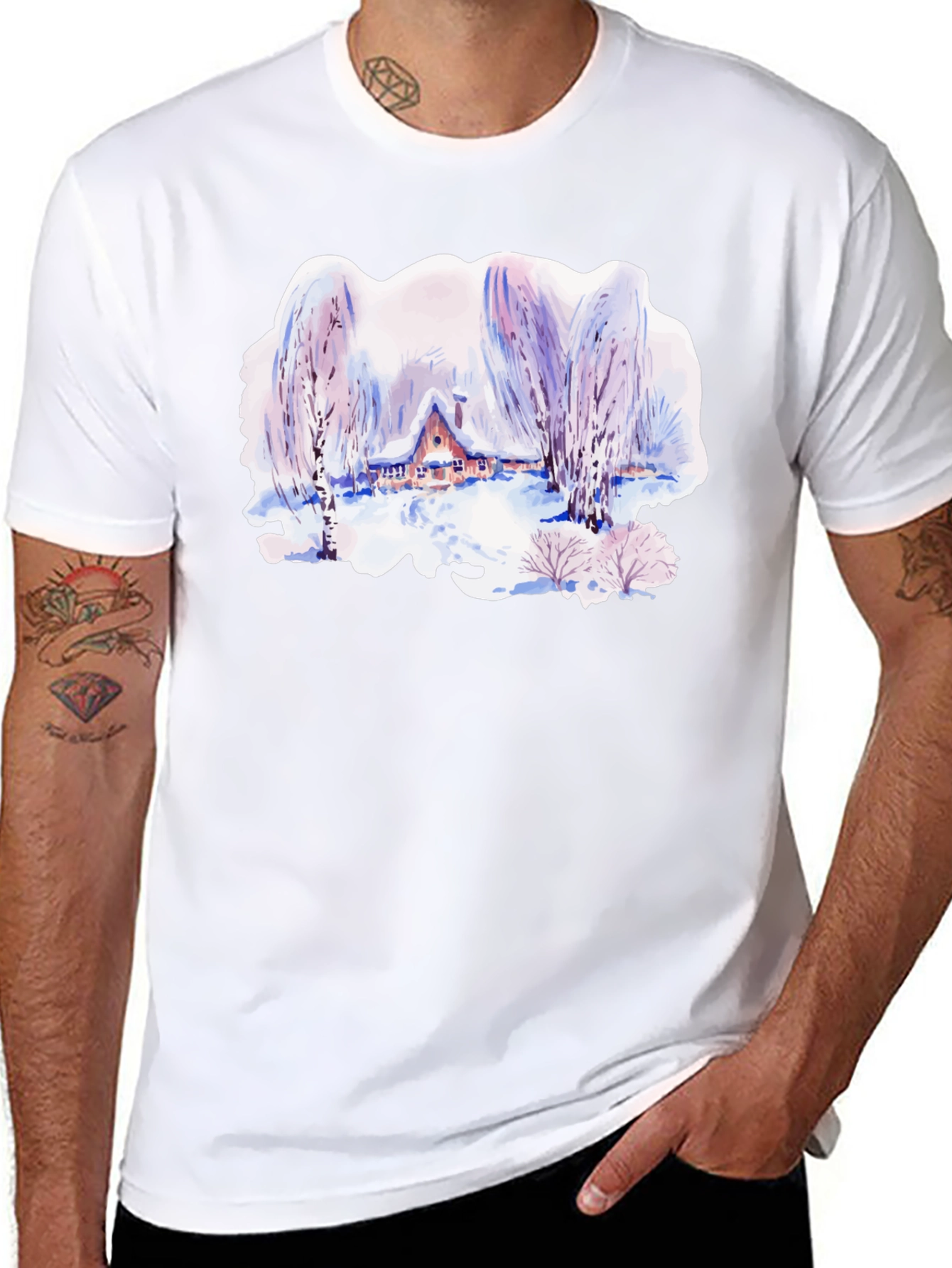 Black Winter Cabin Watercolor Graphic T-Shirt view 8