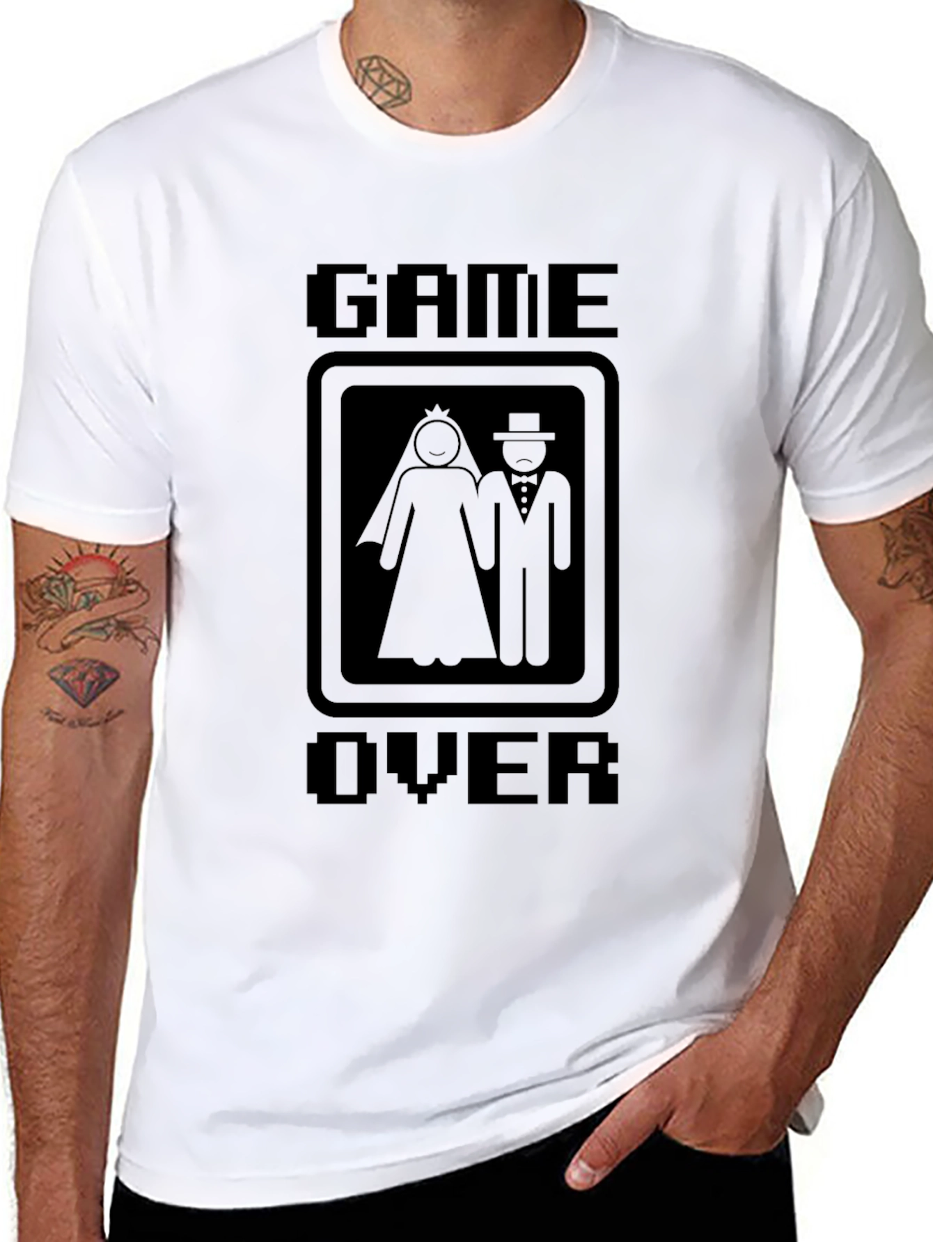 Black Game Over Wedding Humor T-Shirt view 8