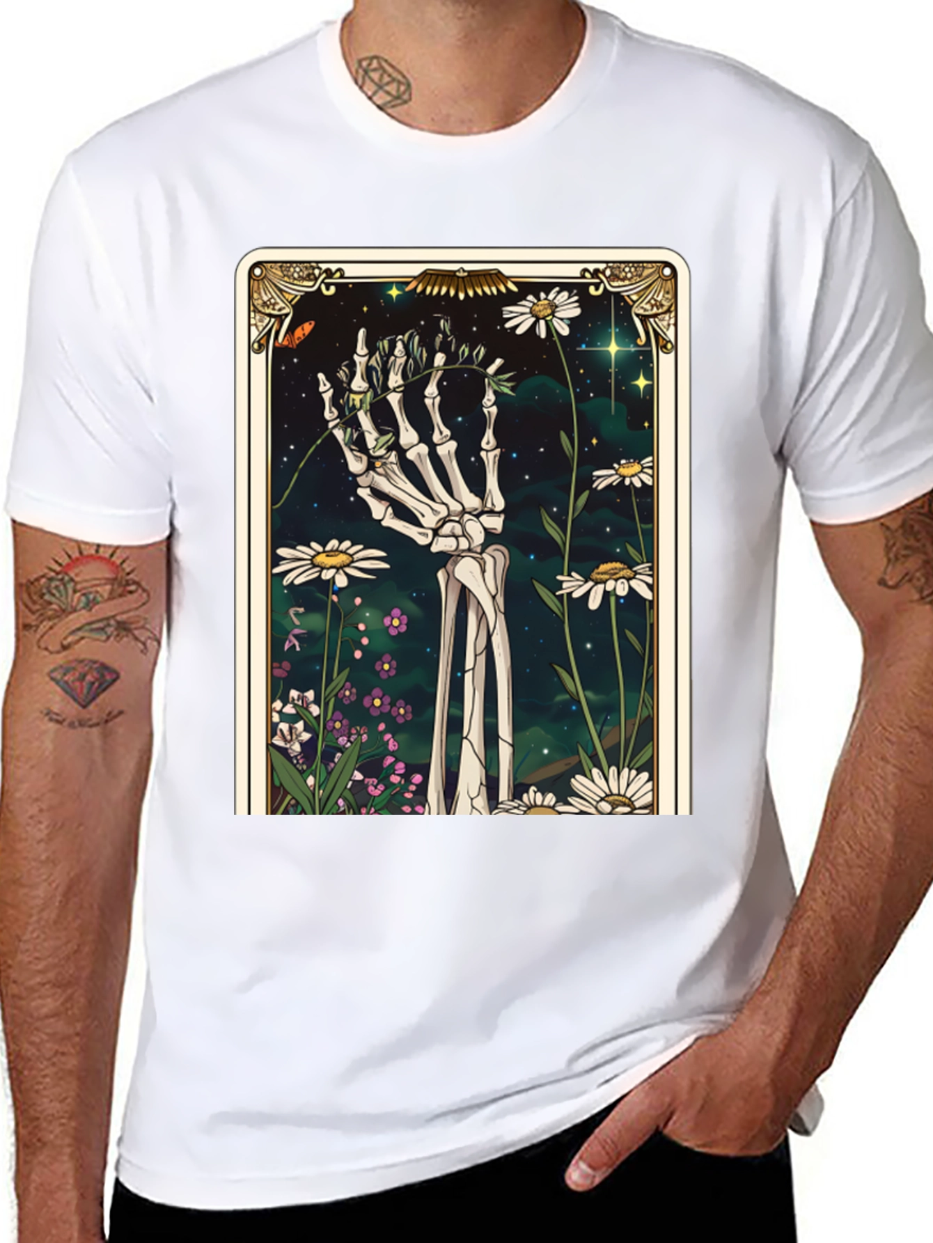 Black Floral Skeleton Tarot Graphic Tee view 8