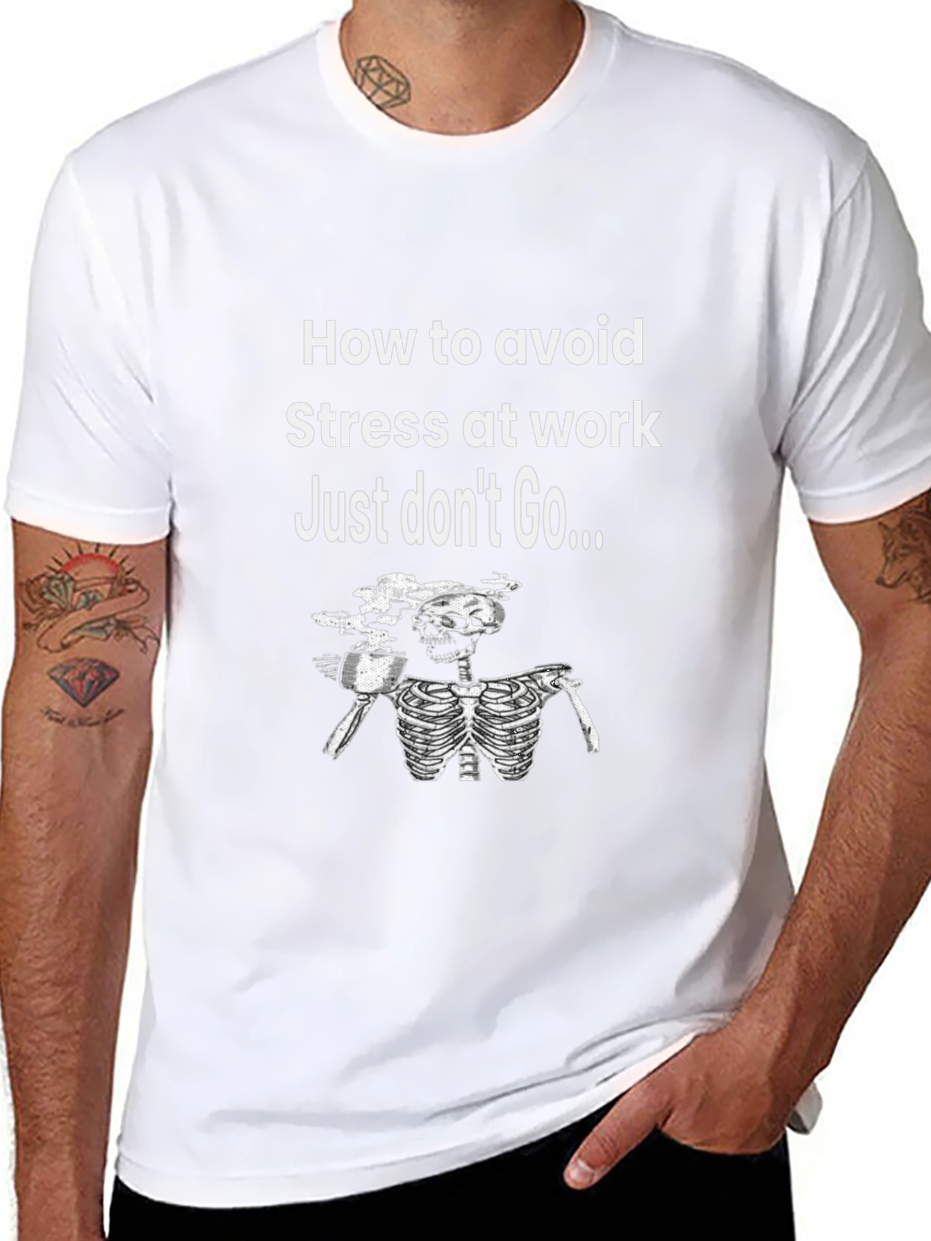 Black Funny "Avoid Stress" Skeleton Graphic T-Shirt view 8