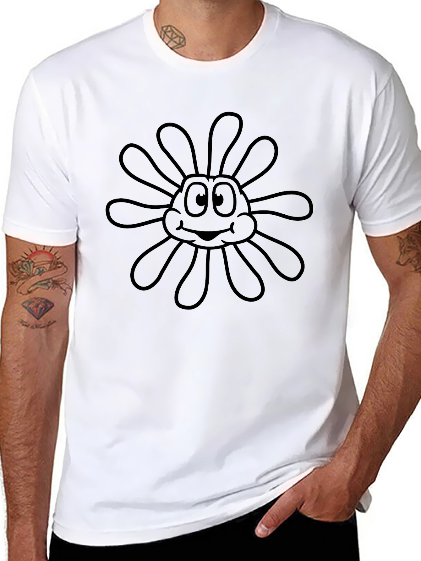Black Black T-Shirt with Cartoon Flower Design view 8