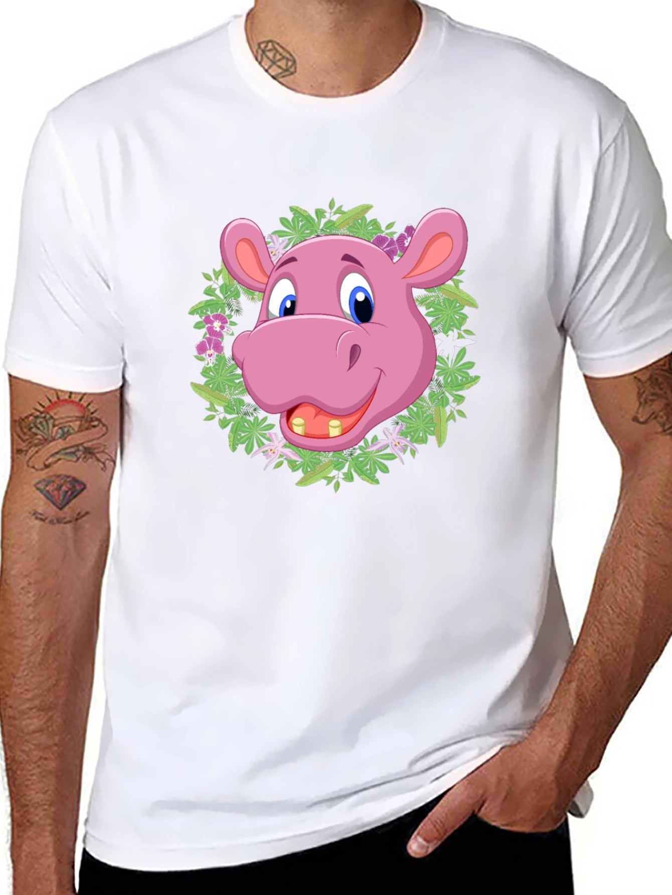Black Cartoon Hippo Floral Wreath T-Shirt view 8