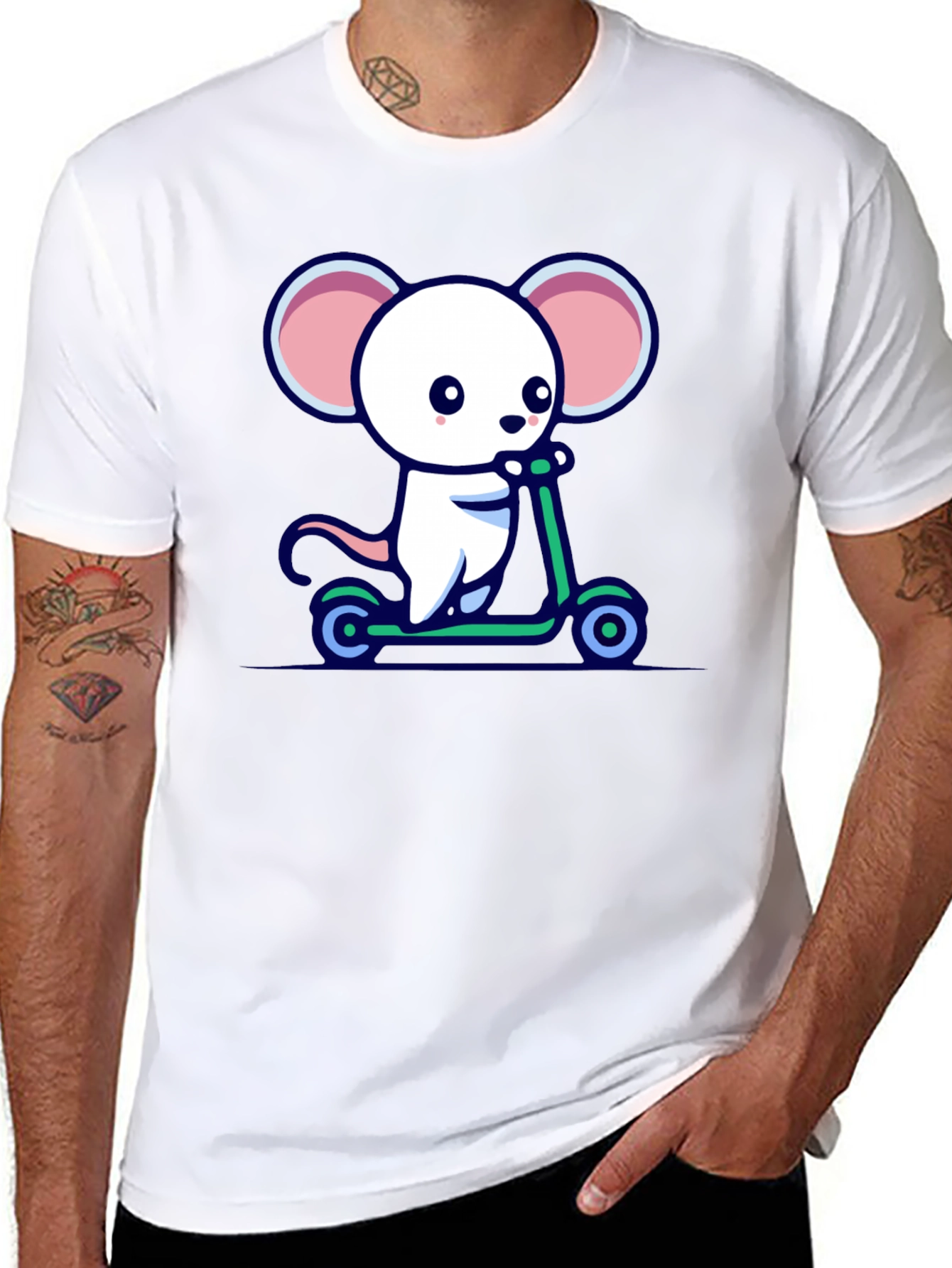 Black Cute Mouse Scooter Ride Graphic Tee - Black Cotton Comfort view 8