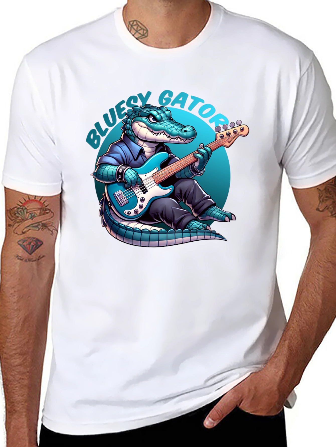 Black Bluesy Gator T-Shirt: Alligator Playing Bass Guitar view 8